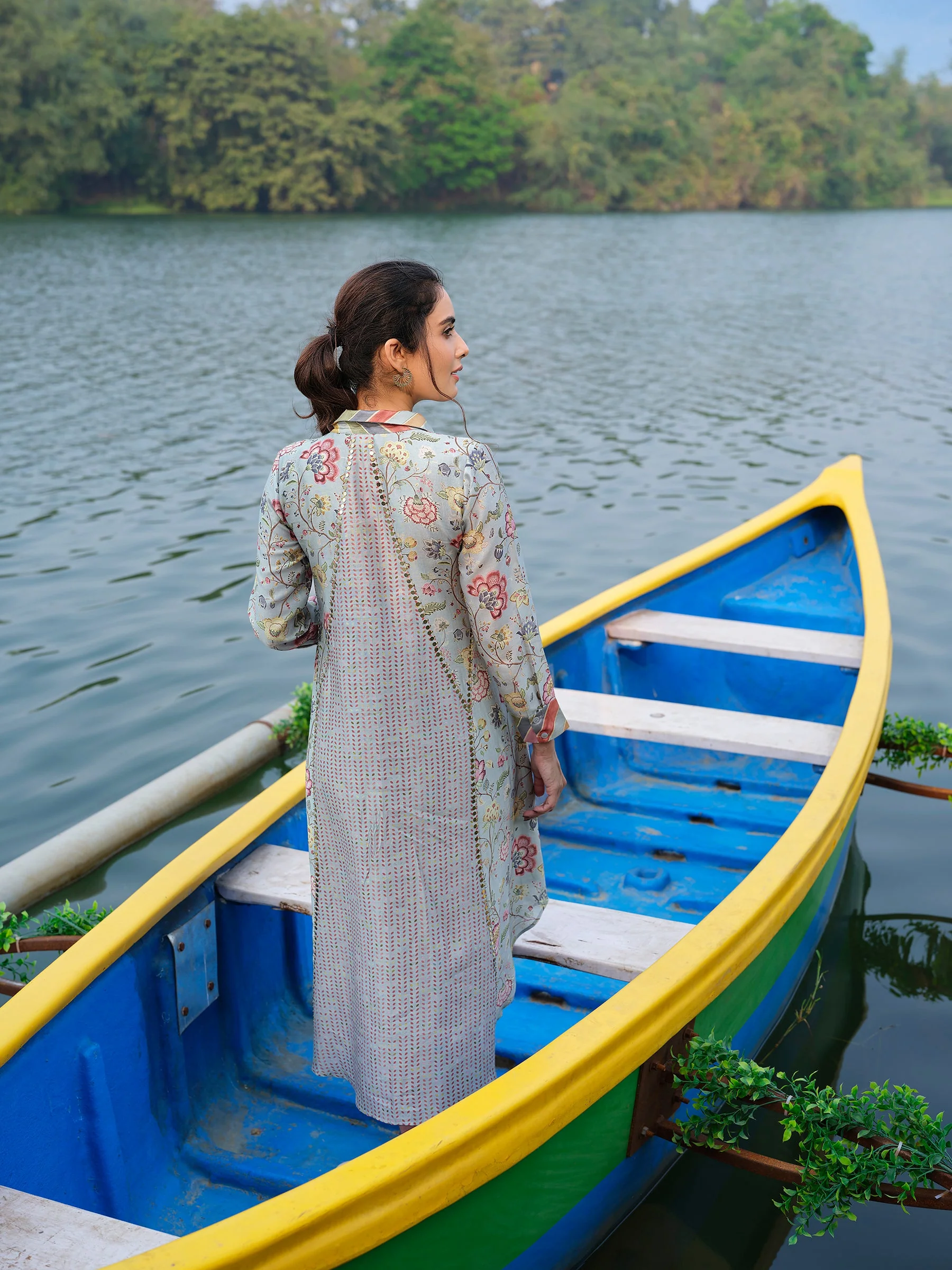 Powder Blue Printed Chanderi Silk Dress - Image 2