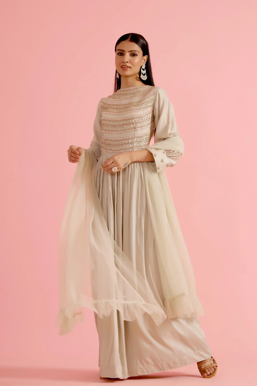 Powder Green Hand Embroidered Anarkali Set - Image 3