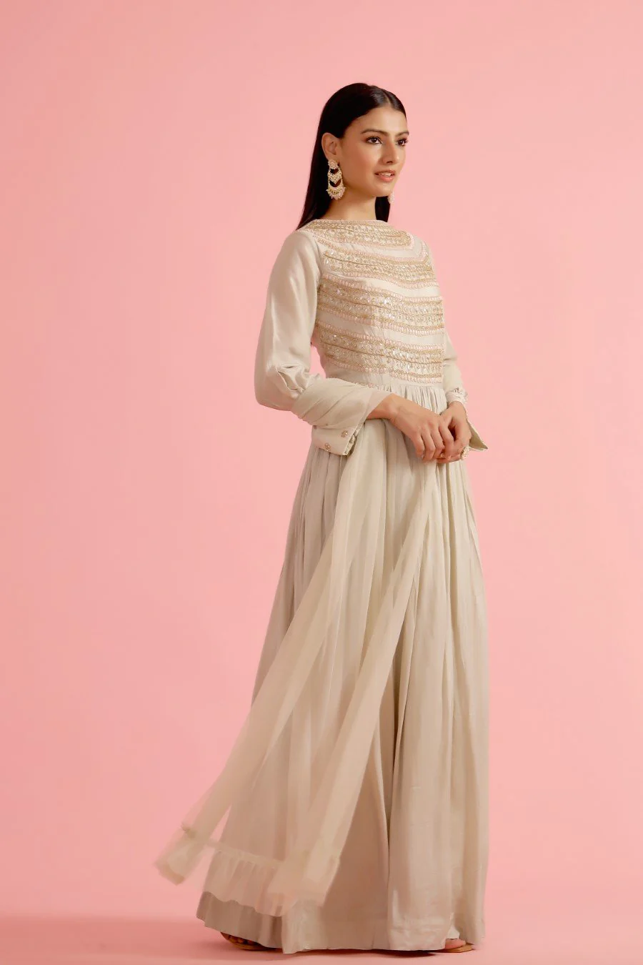 Powder Green Hand Embroidered Anarkali Set - Image 4