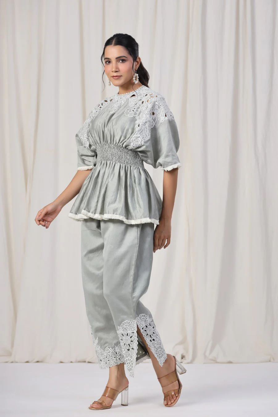 Powder Grey Embroidered Lotus Silk Co-ord Set - Image 3