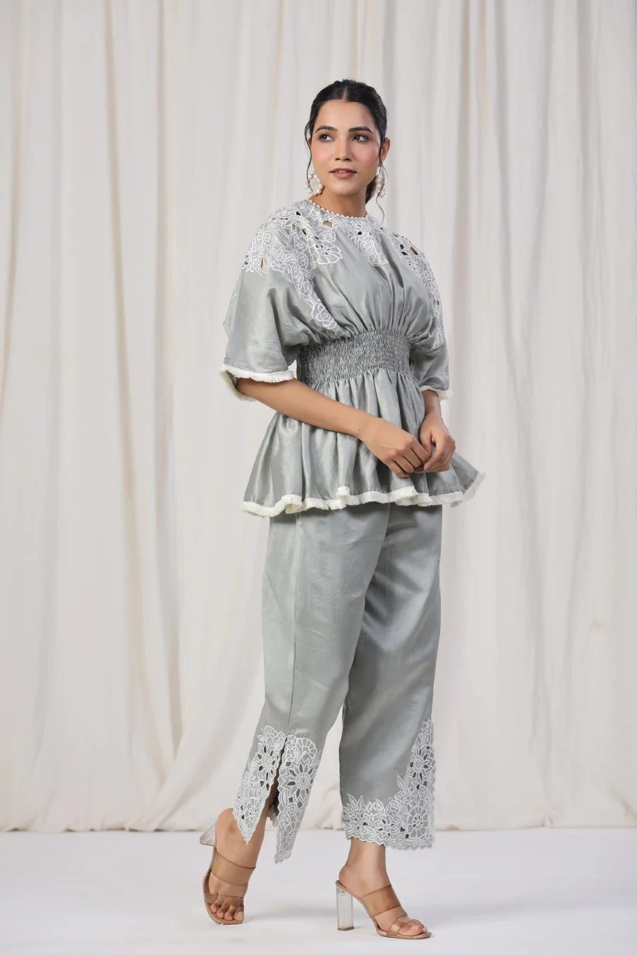 Powder Grey Embroidered Lotus Silk Co-ord Set - Image 4