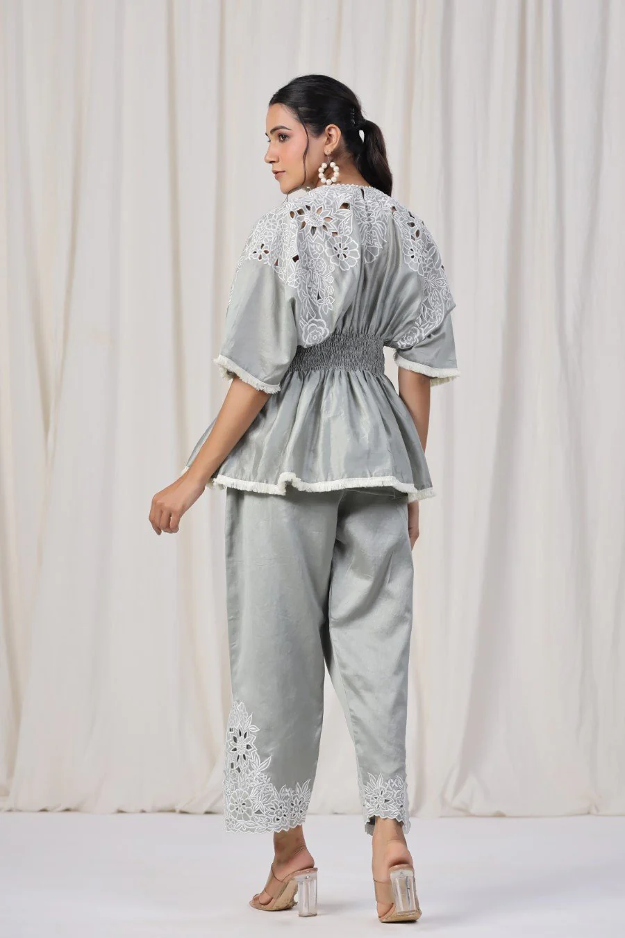 Powder Grey Embroidered Lotus Silk Co-ord Set - Image 5