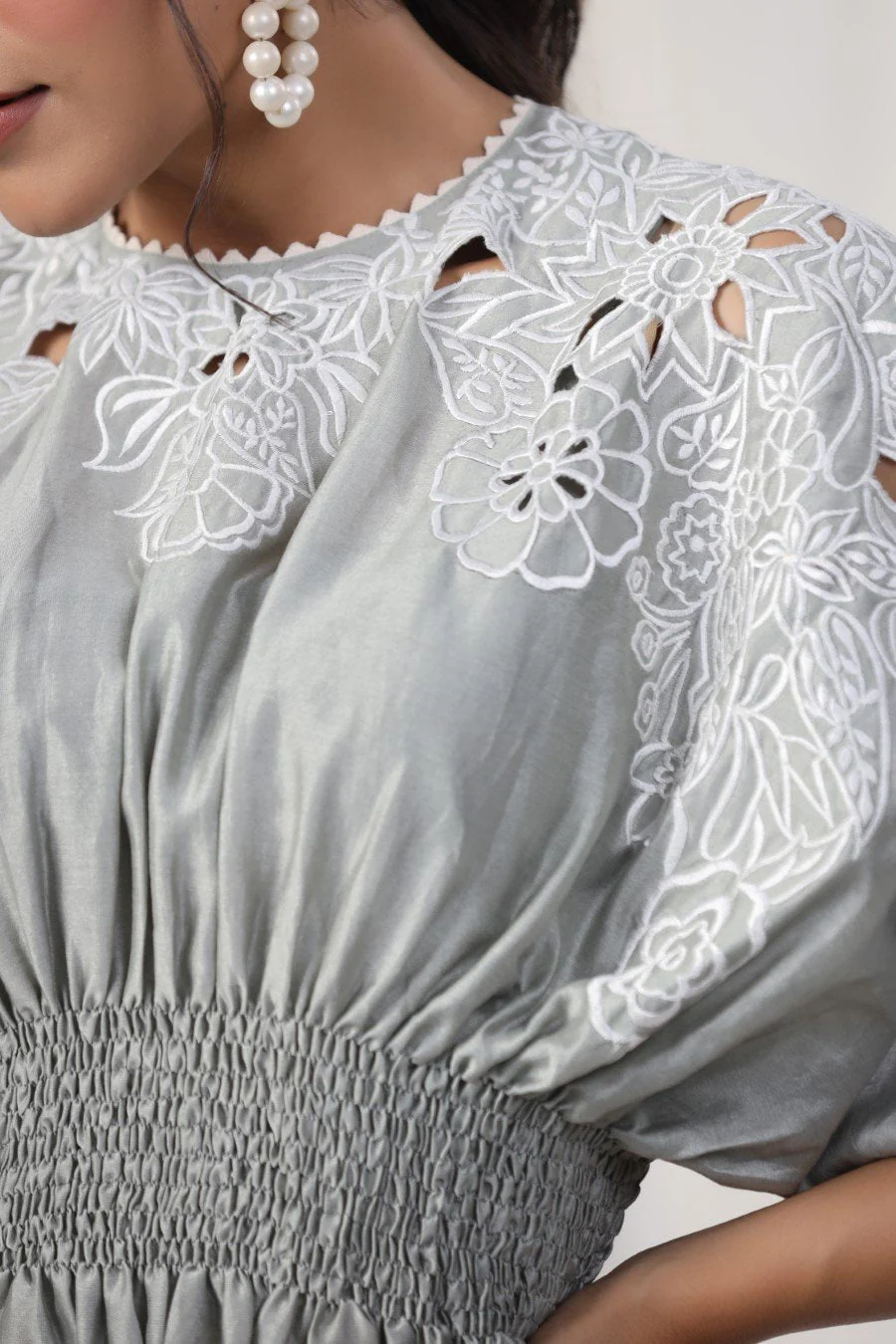 Powder Grey Embroidered Lotus Silk Co-ord Set - Image 6