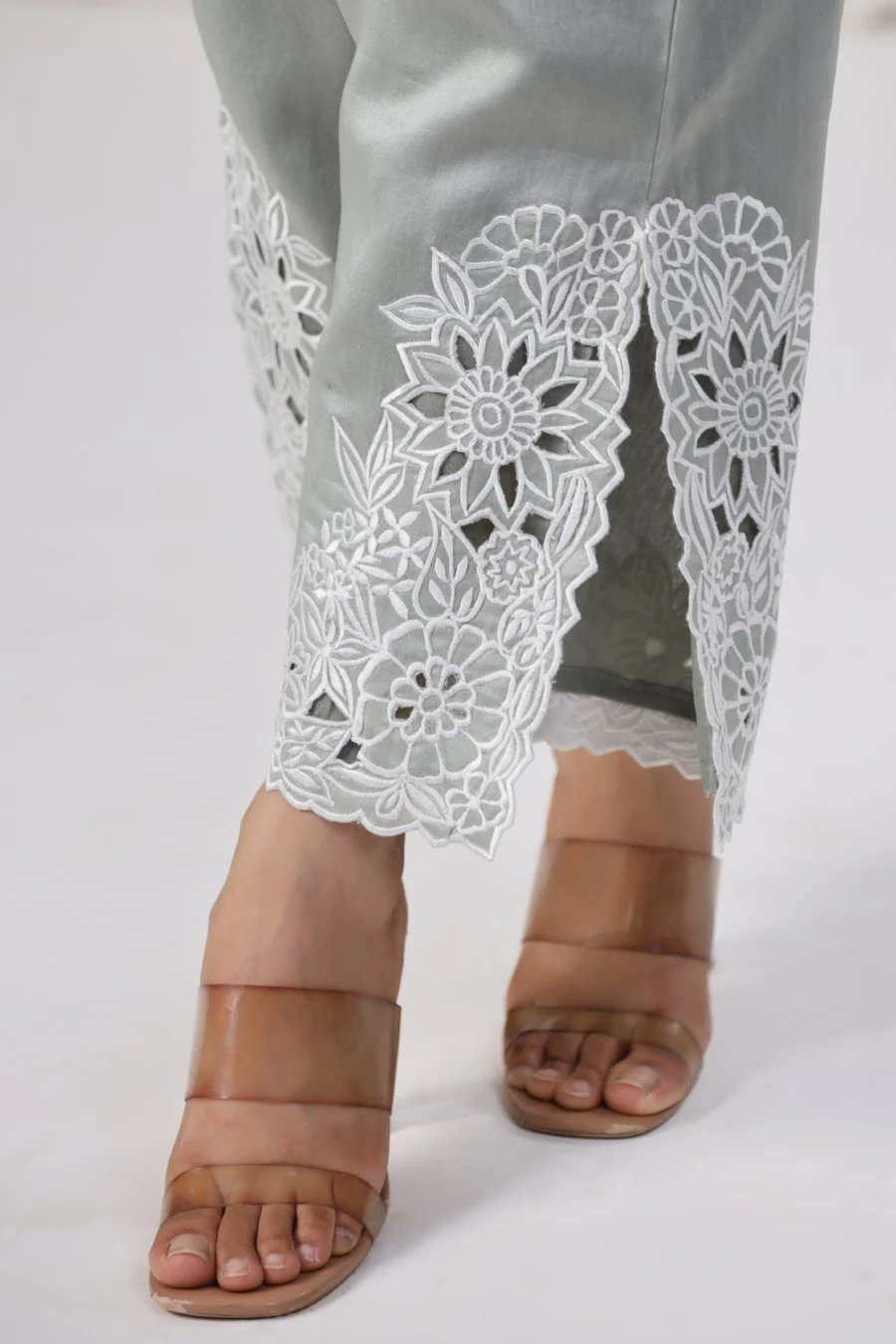 Powder Grey Embroidered Lotus Silk Co-ord Set - Image 7