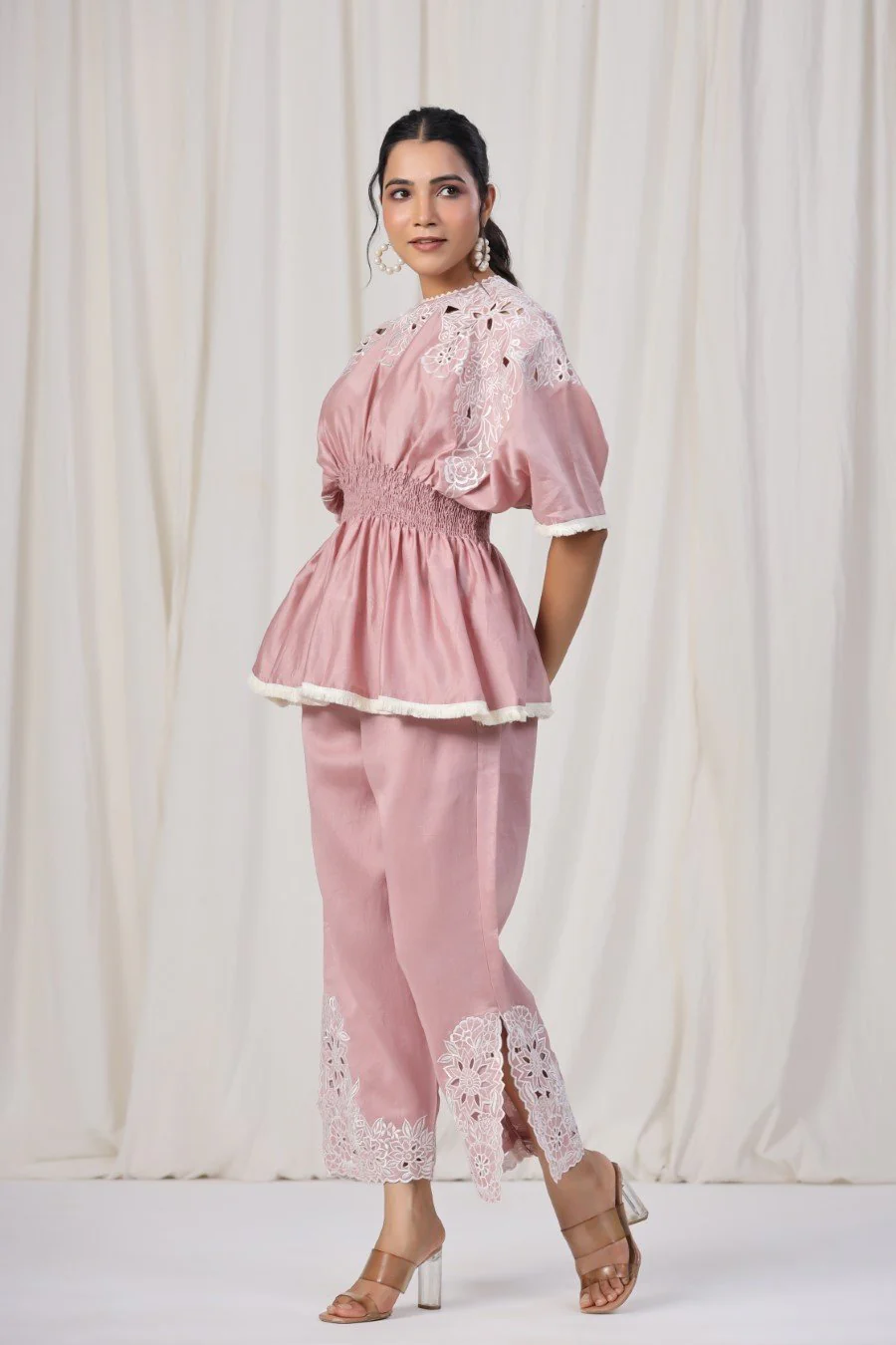 Powder Pink Embroidered Lotus Silk Co-ord Set - Image 3