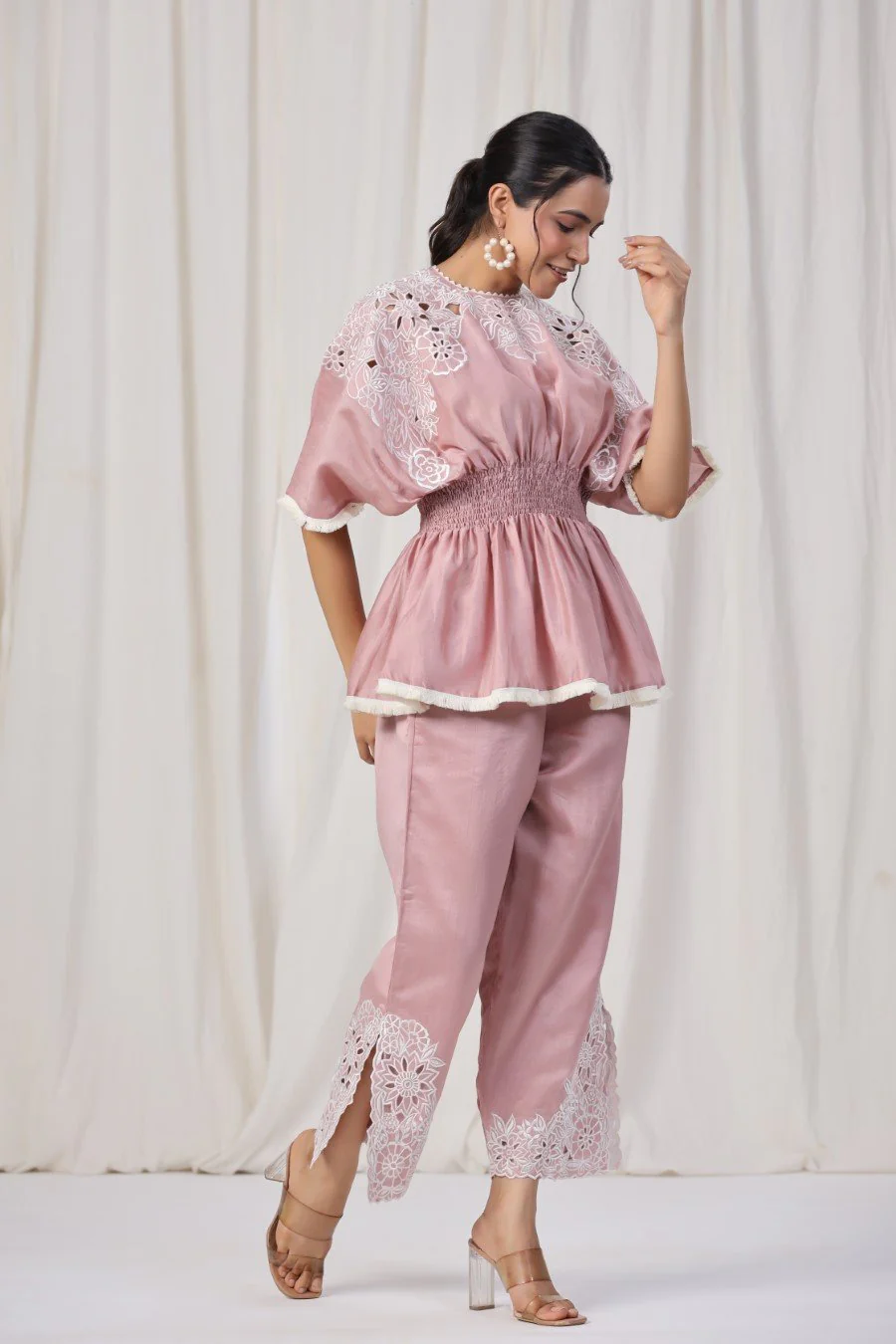 Powder Pink Embroidered Lotus Silk Co-ord Set - Image 4