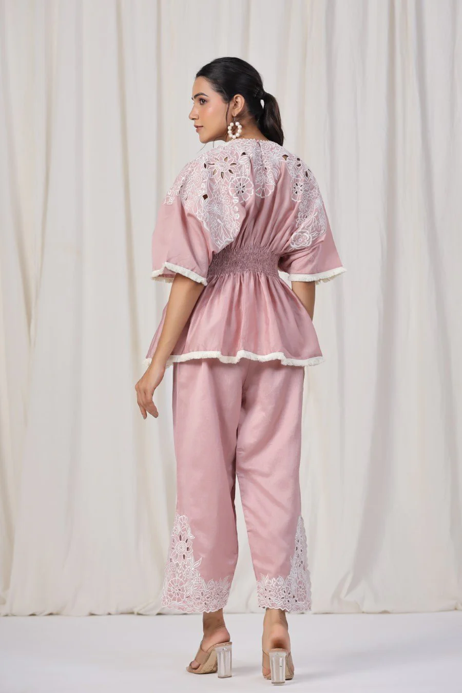 Powder Pink Embroidered Lotus Silk Co-ord Set - Image 5