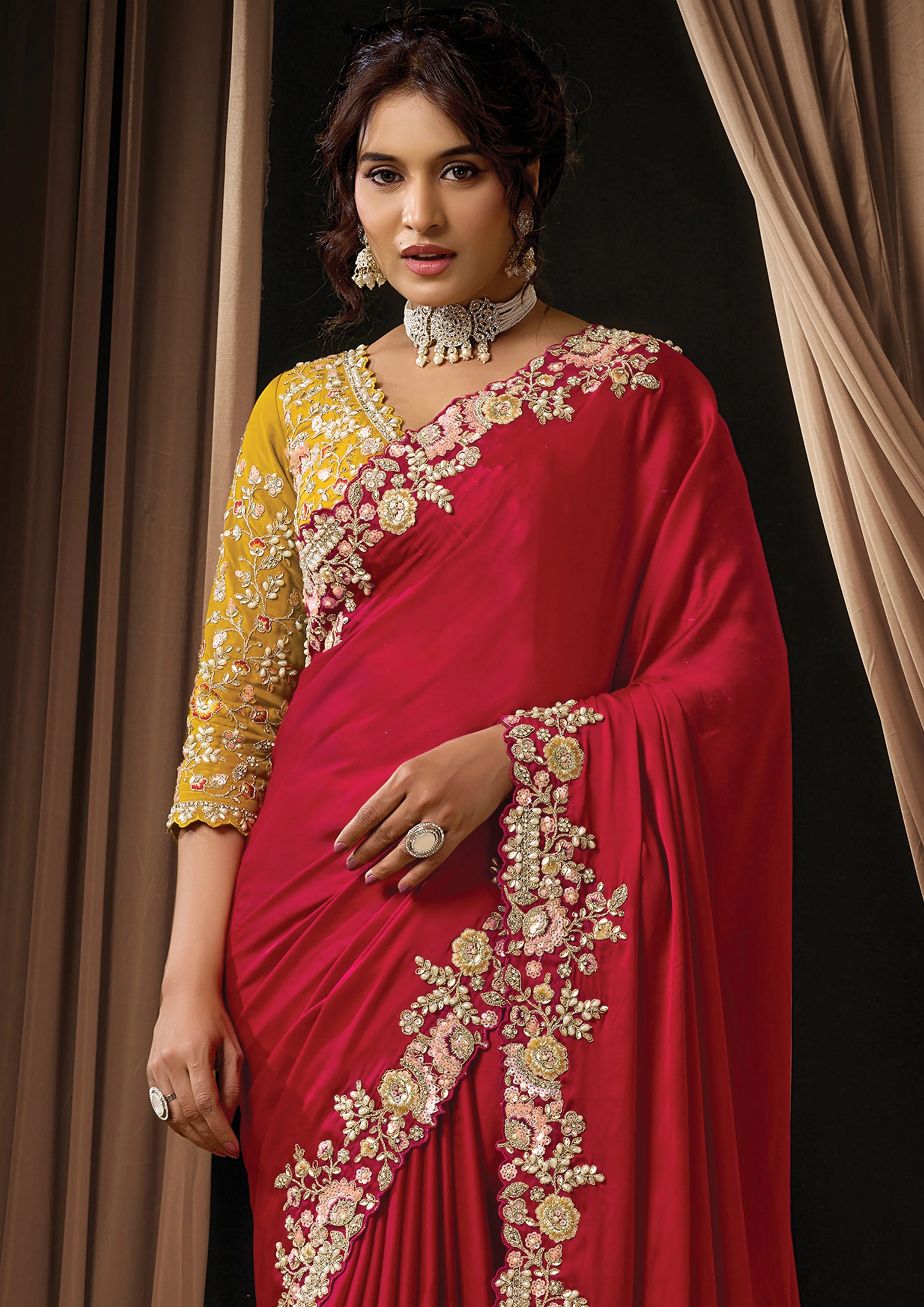 Hot Red Embellished Lustrous Satin Silk Saree - Image 2