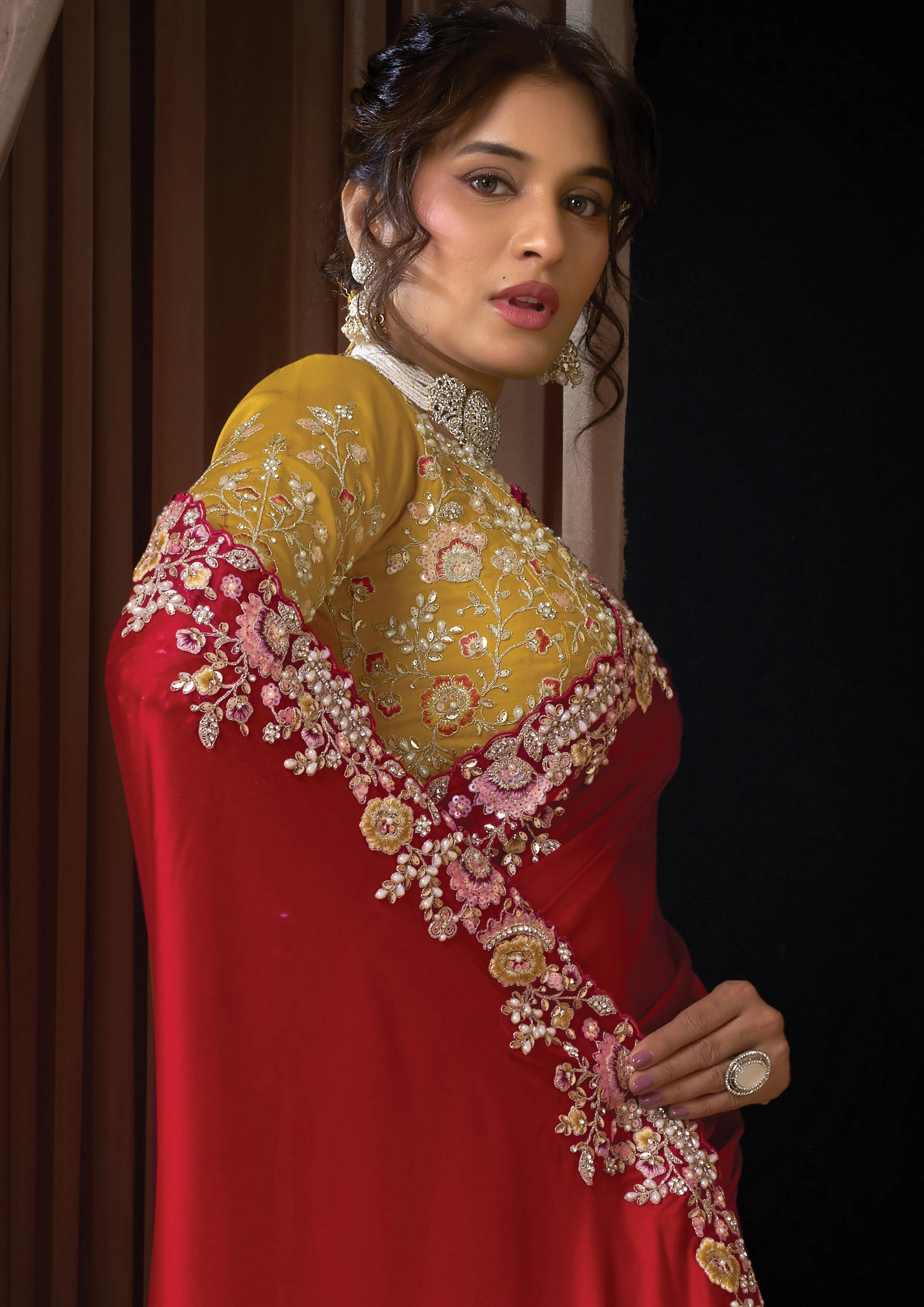 Hot Red Embellished Lustrous Satin Silk Saree - Image 3