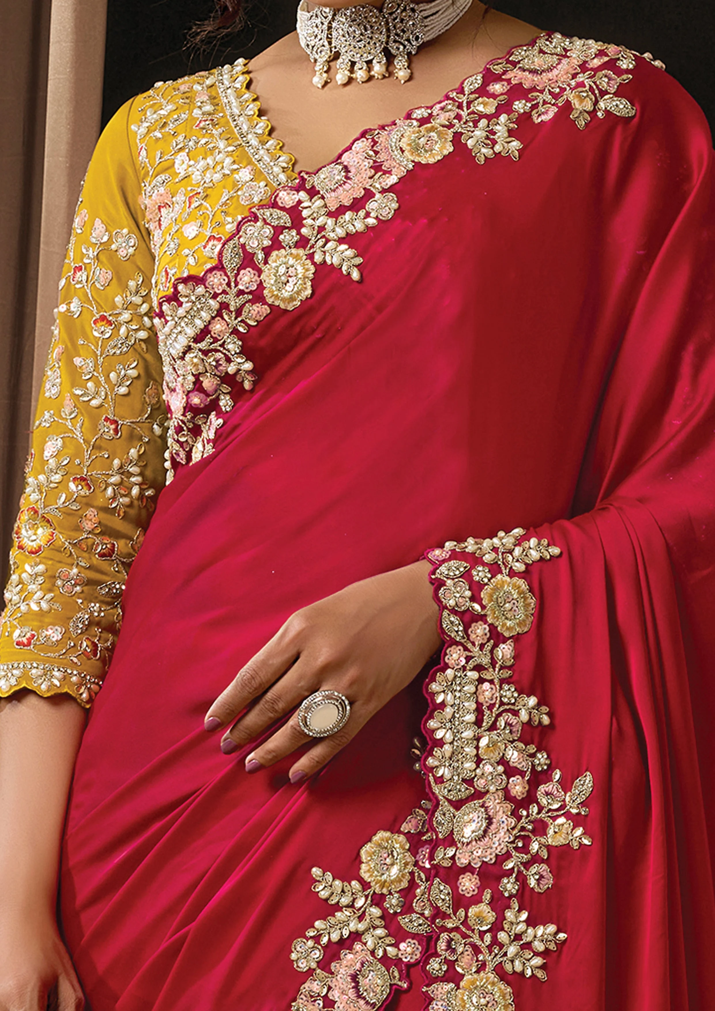 Hot Red Embellished Lustrous Satin Silk Saree - Image 4