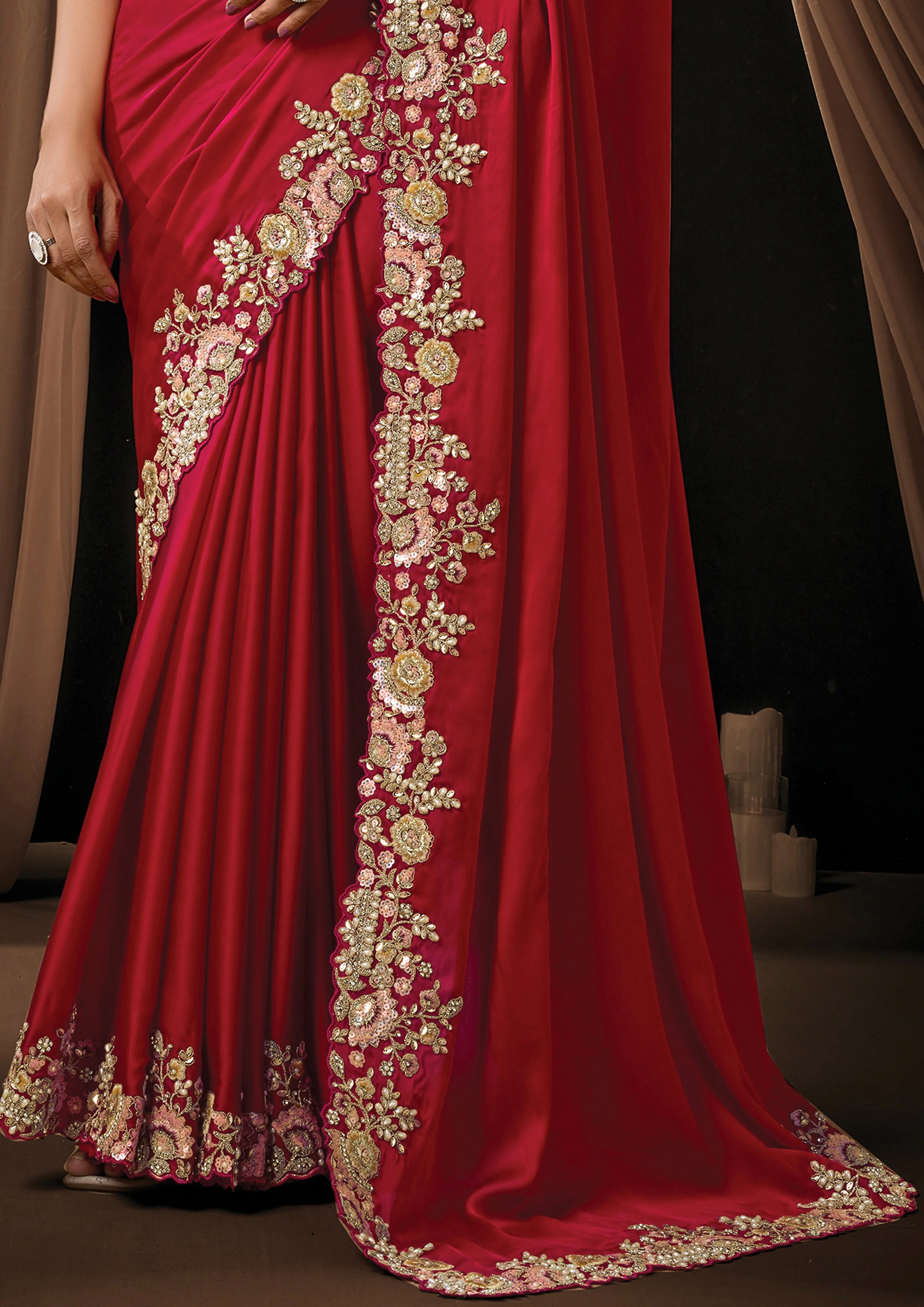 Hot Red Embellished Lustrous Satin Silk Saree - Image 5