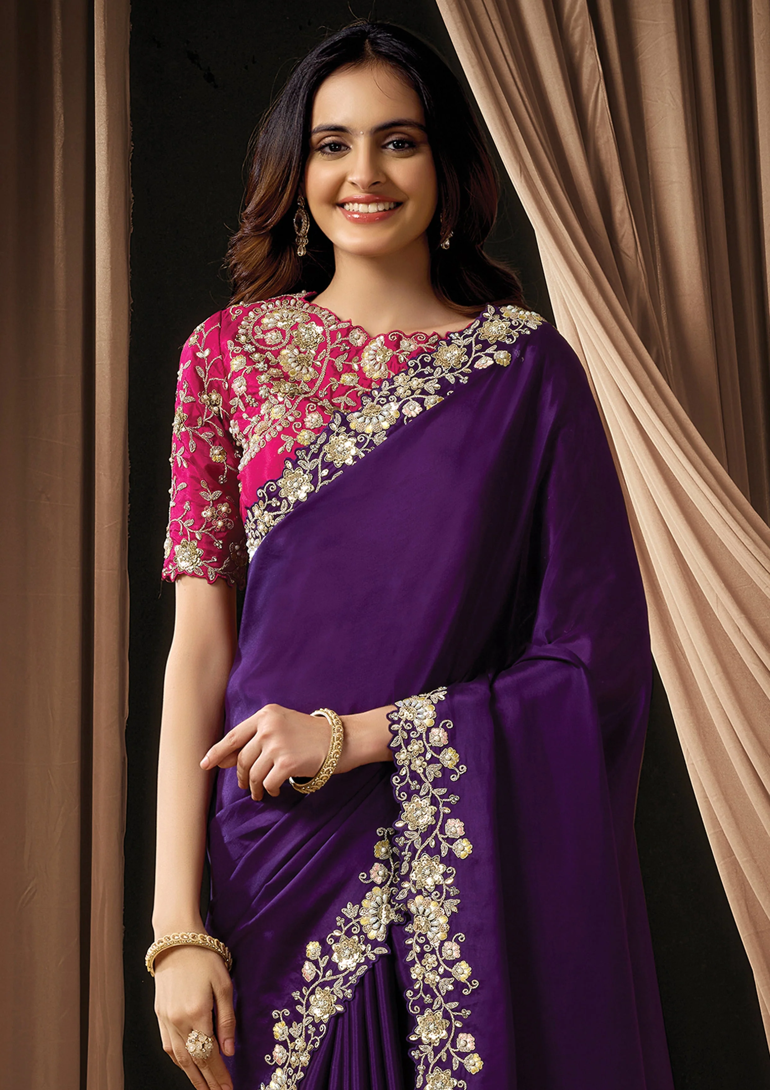 Dark Purple Embellished Uppada Silk Saree - Image 3