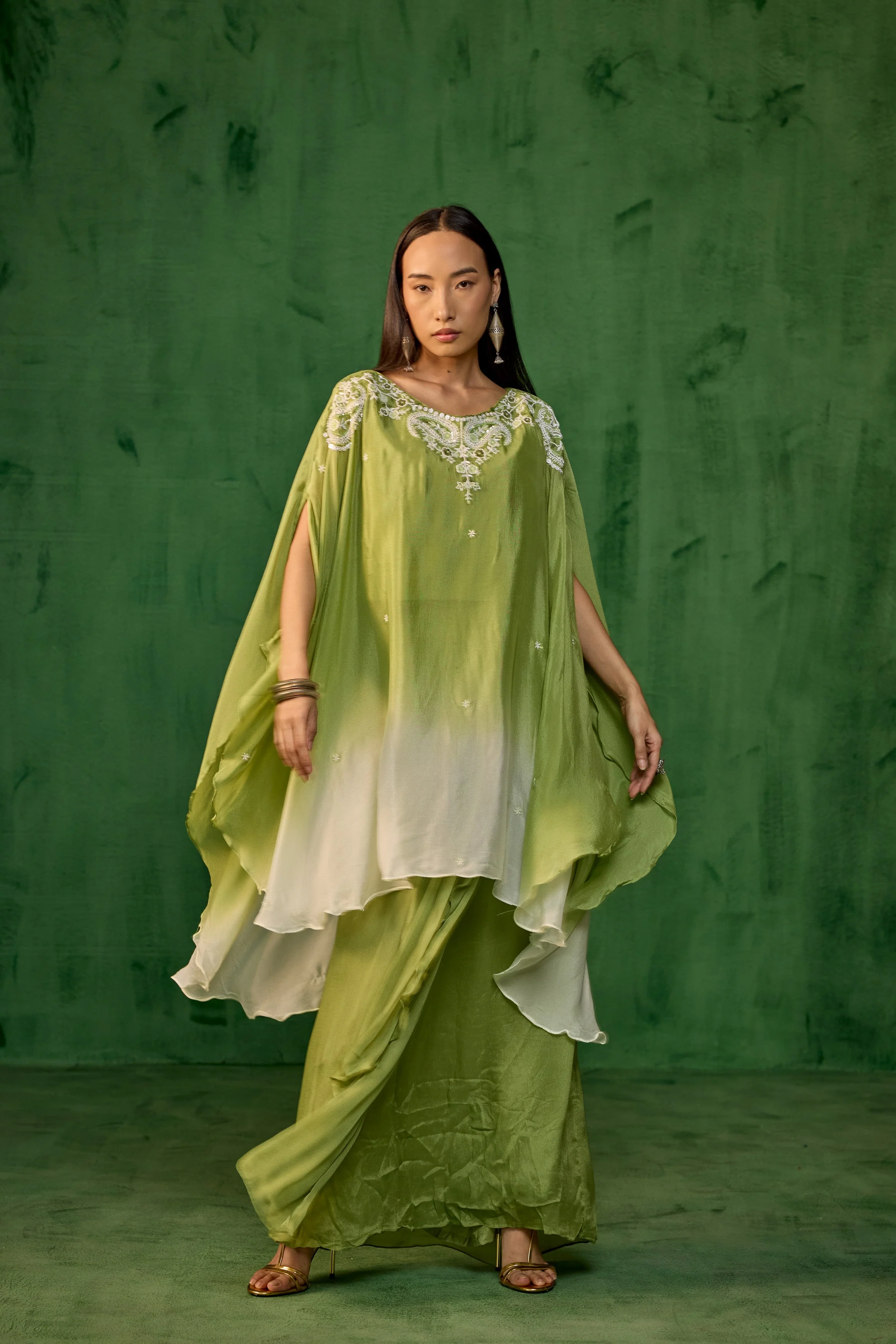 Ombre Green Embroidered Chinon Kaftan Set