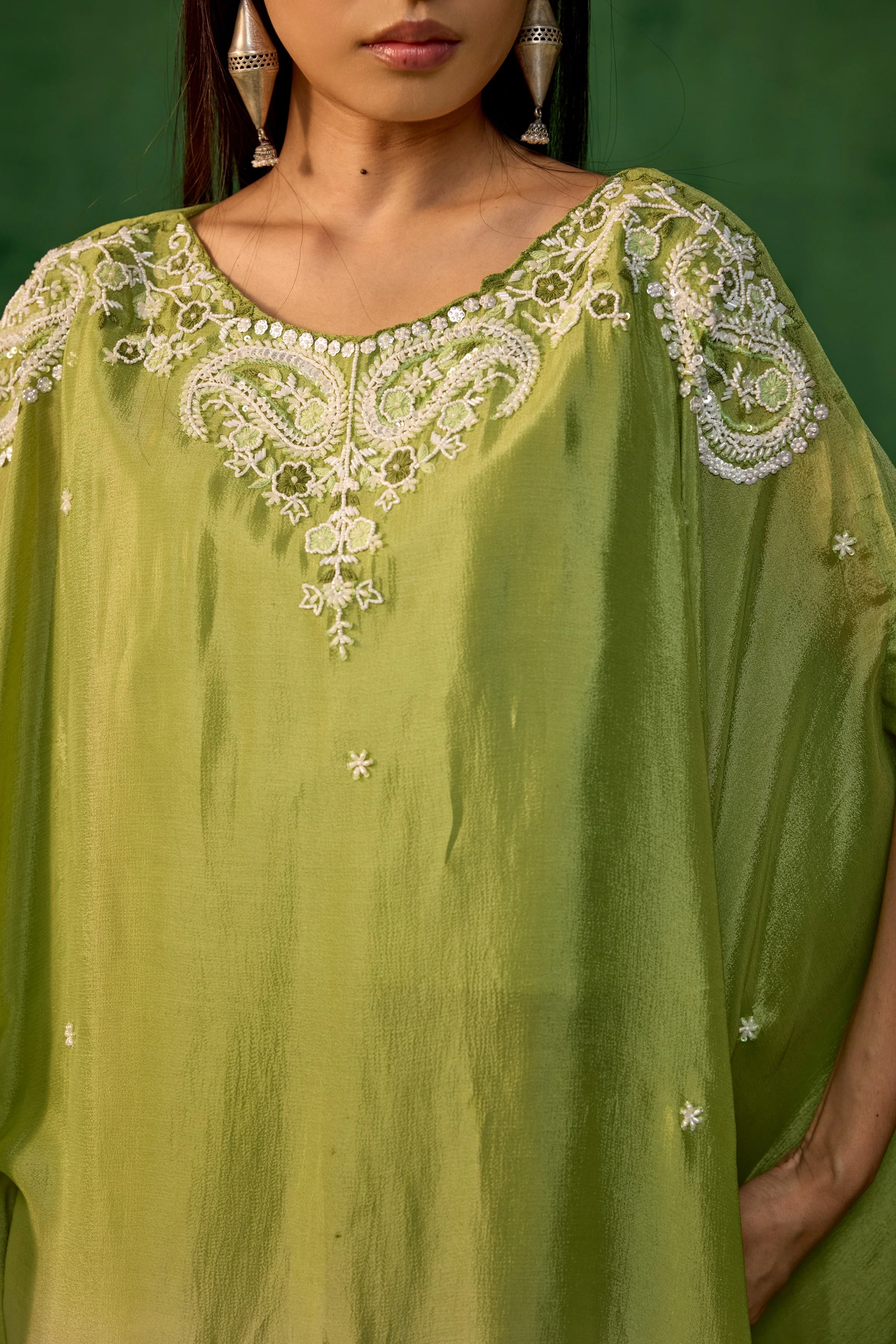 Ombre Green Embroidered Chinon Kaftan Set - Image 2