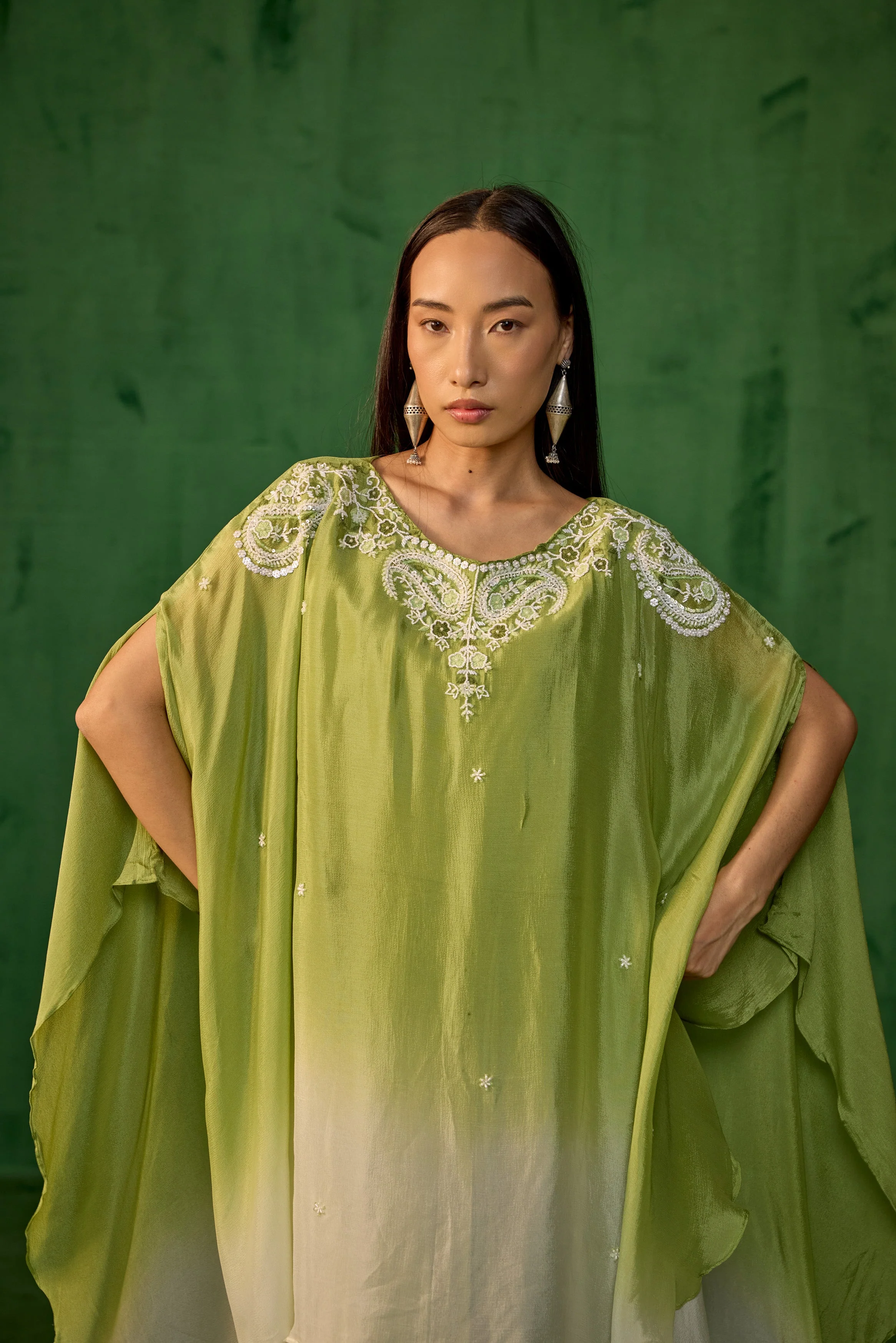 Ombre Green Embroidered Chinon Kaftan Set - Image 3