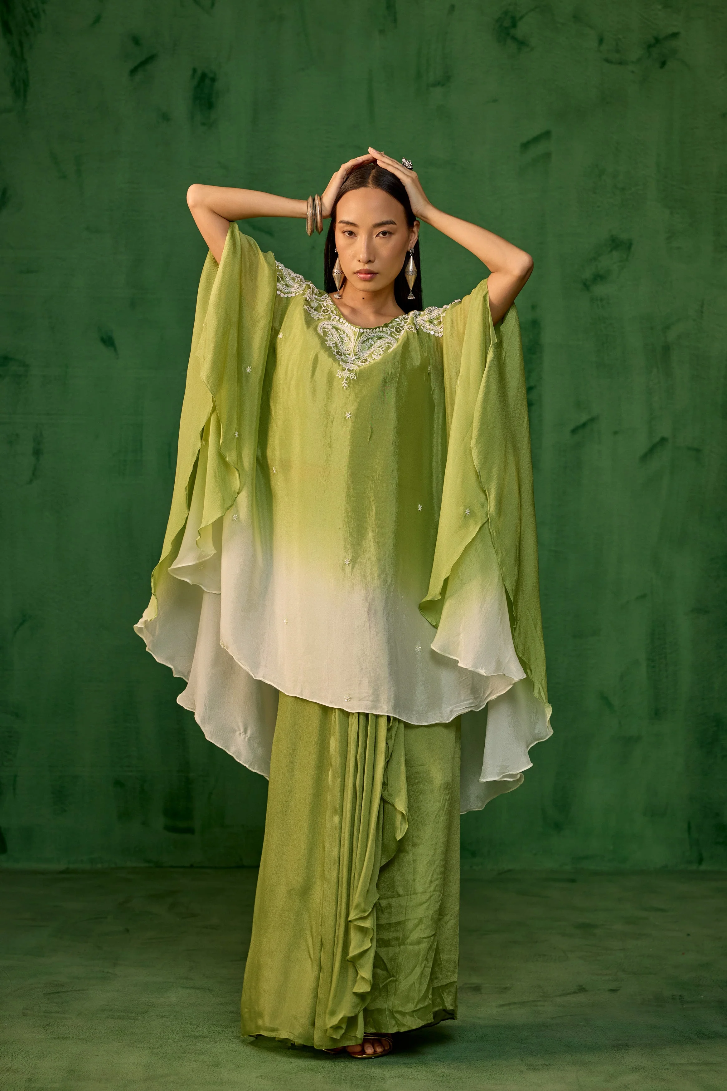 Ombre Green Embroidered Chinon Kaftan Set - Image 4