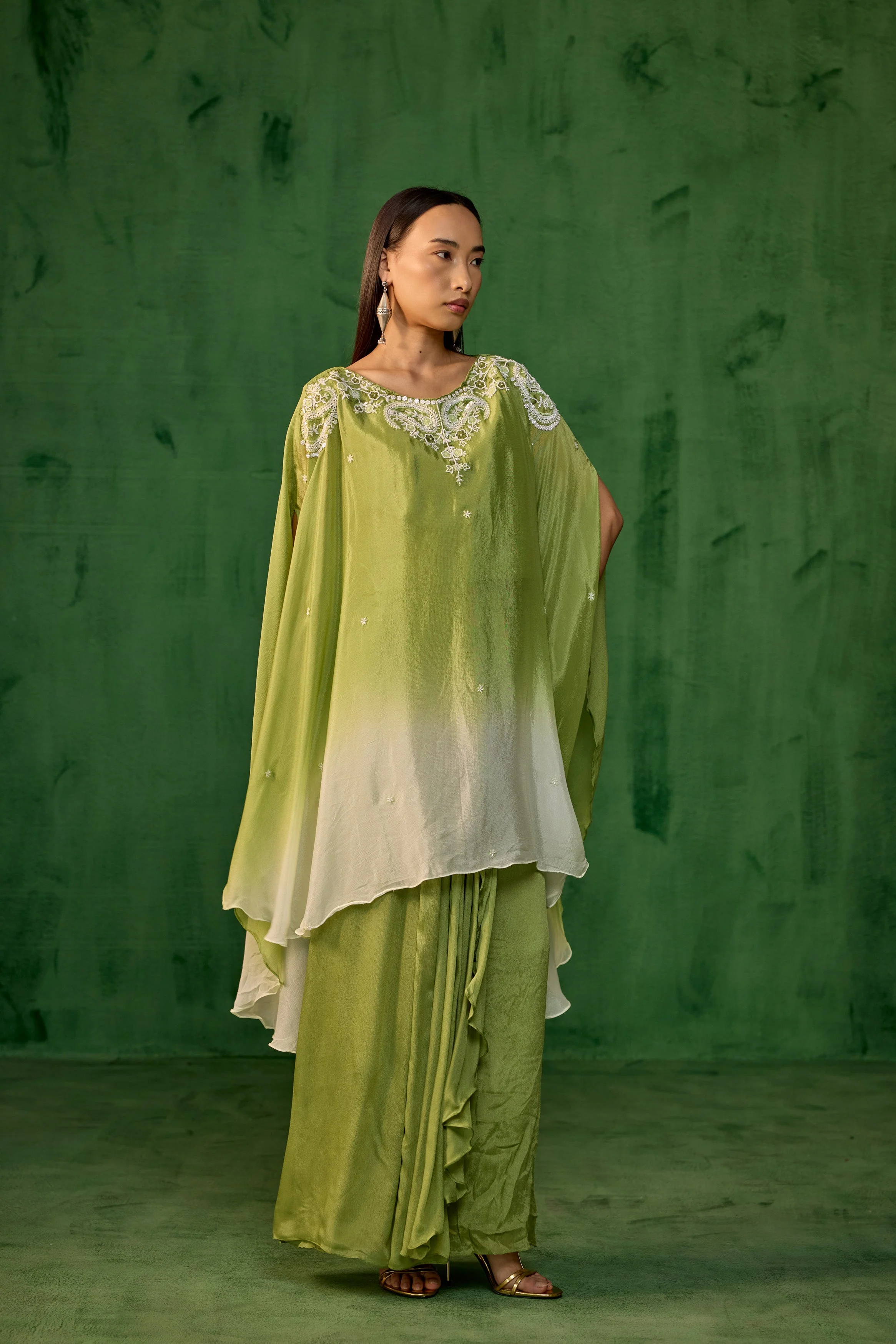 Ombre Green Embroidered Chinon Kaftan Set - Image 5