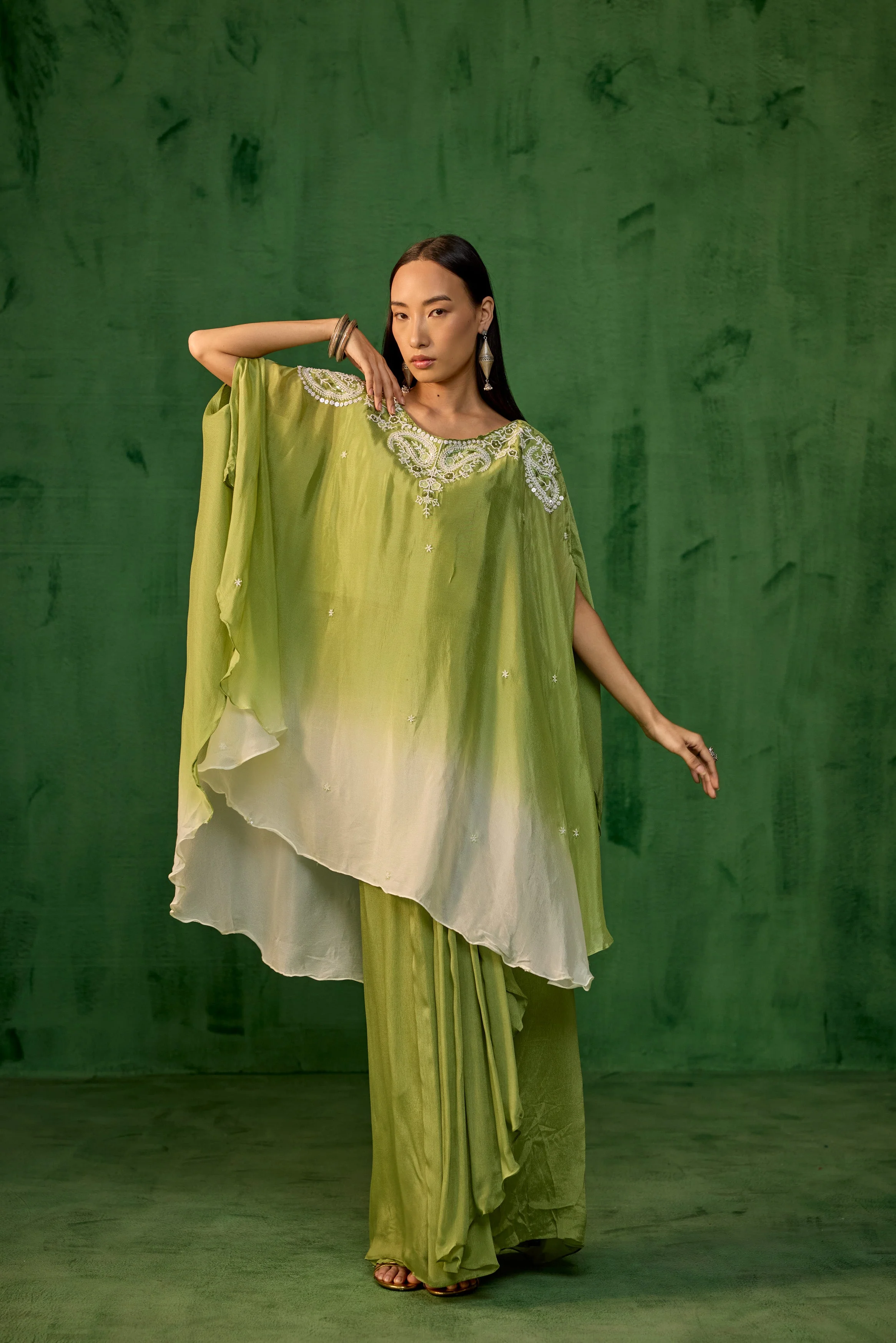 Ombre Green Embroidered Chinon Kaftan Set - Image 6