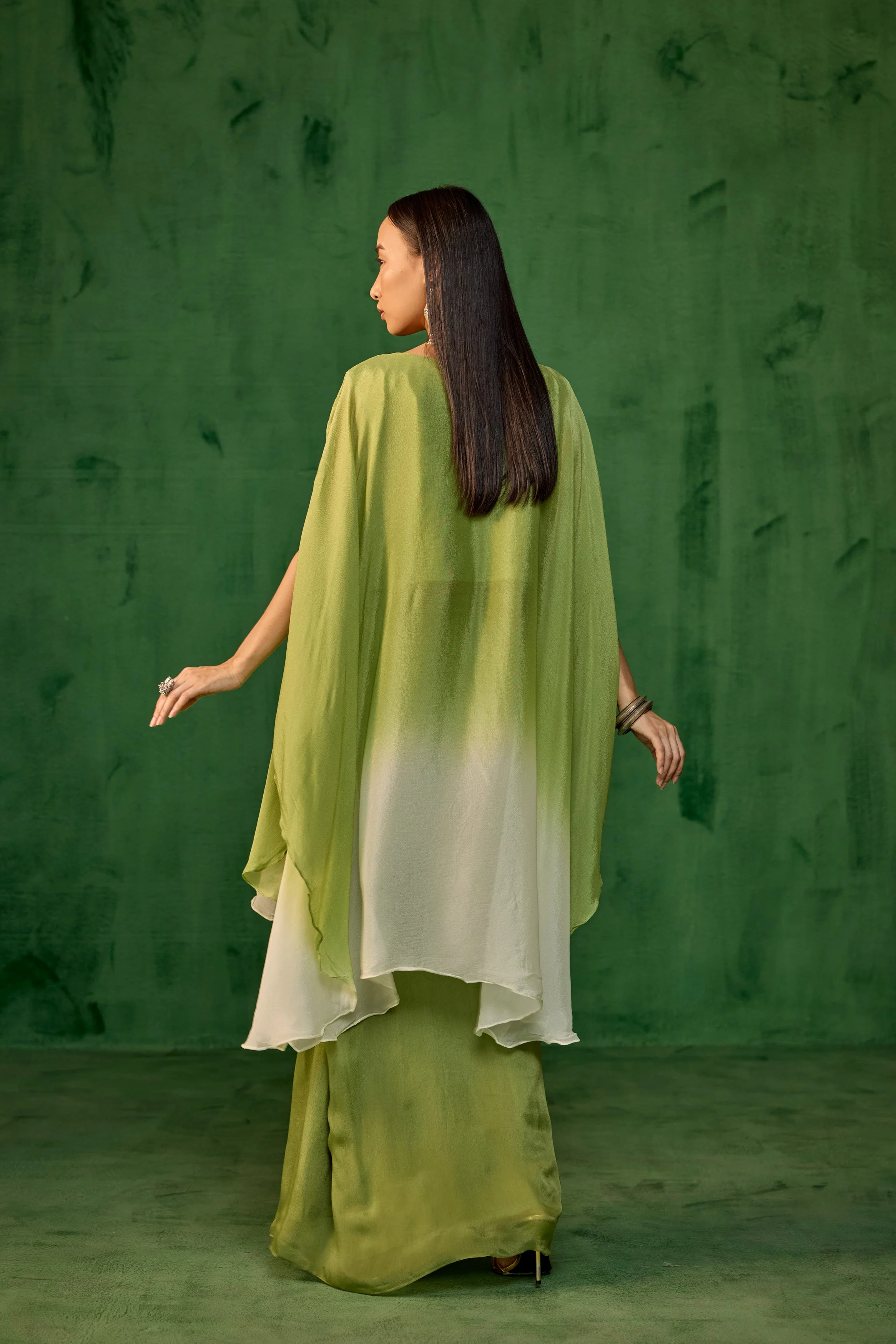 Ombre Green Embroidered Chinon Kaftan Set - Image 7