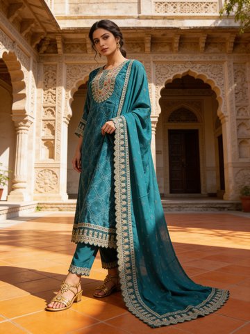Teal Embellished Soft Organza Silk Kurta Set - Image 2