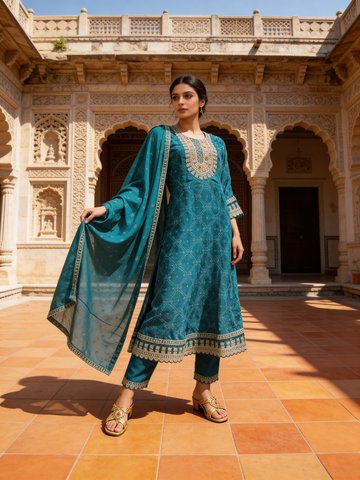 Teal Embellished Soft Organza Silk Kurta Set - Image 3