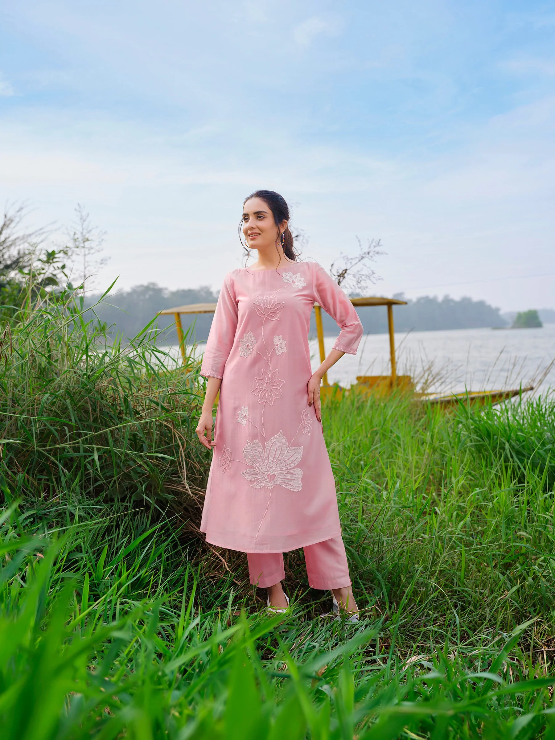Pastel Pink Embroidered Chanderi Silk Kurta Set
