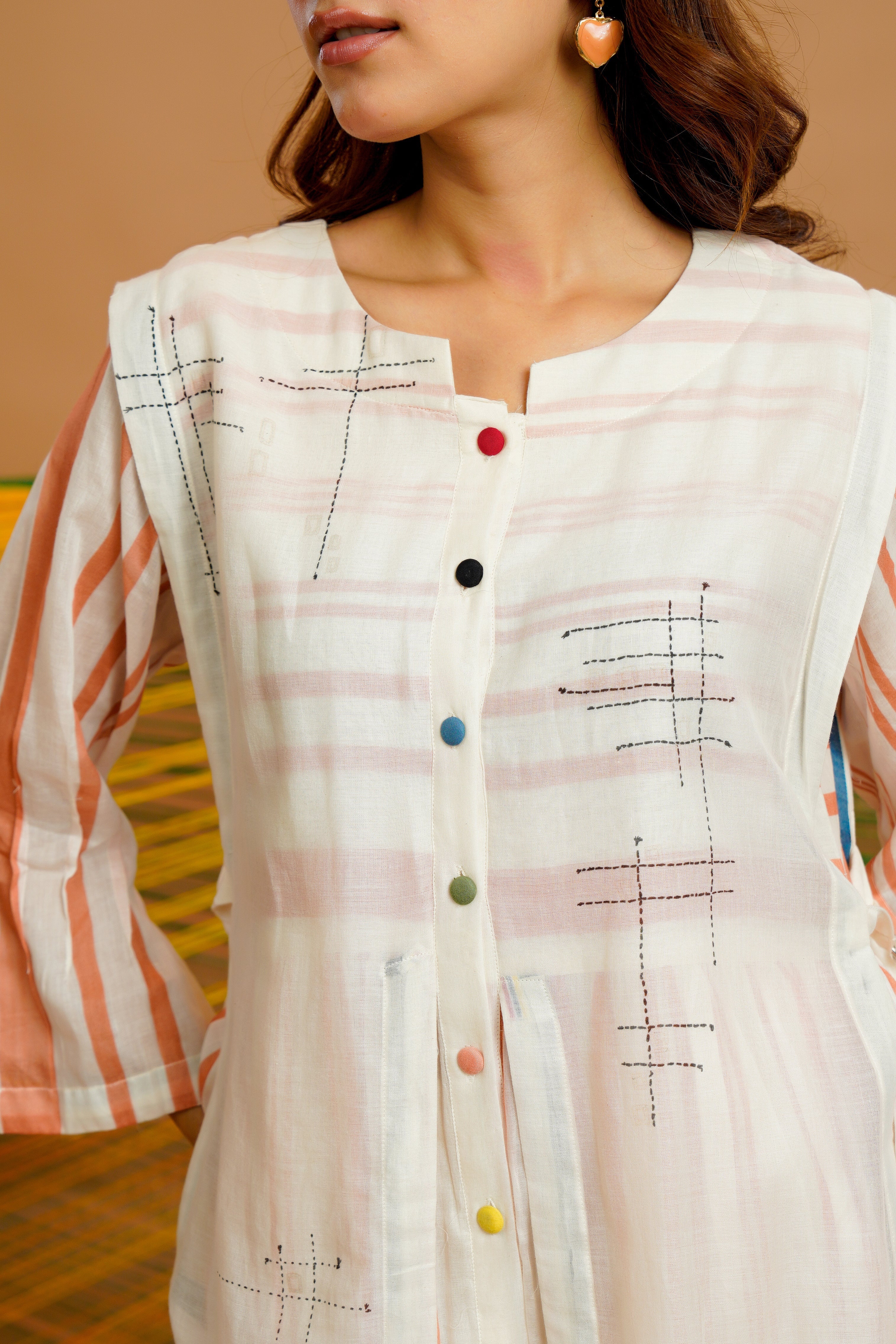 Rust-Stripe Printed Cotton Kurta Set - Image 2