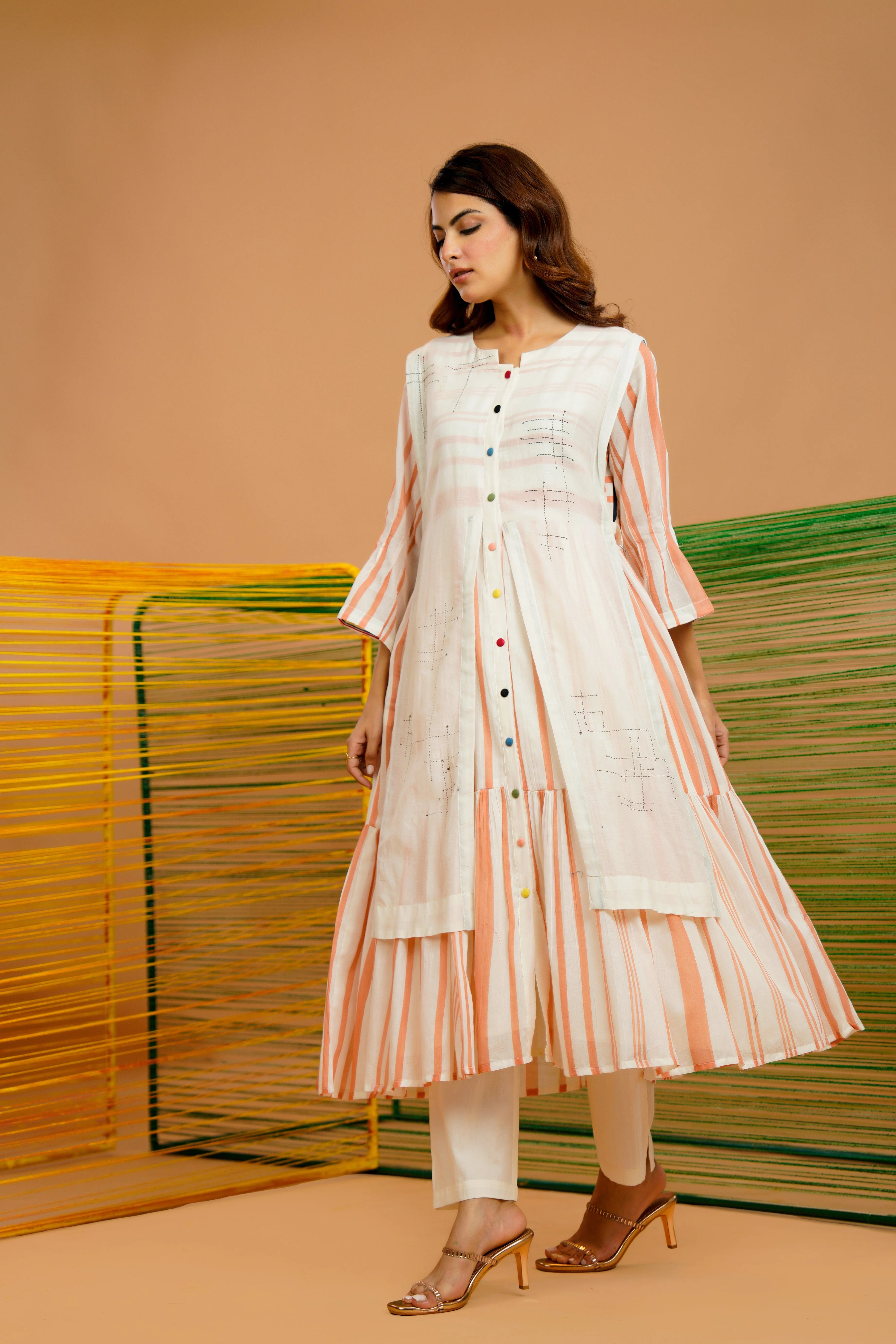 Rust-Stripe Printed Cotton Kurta Set - Image 3