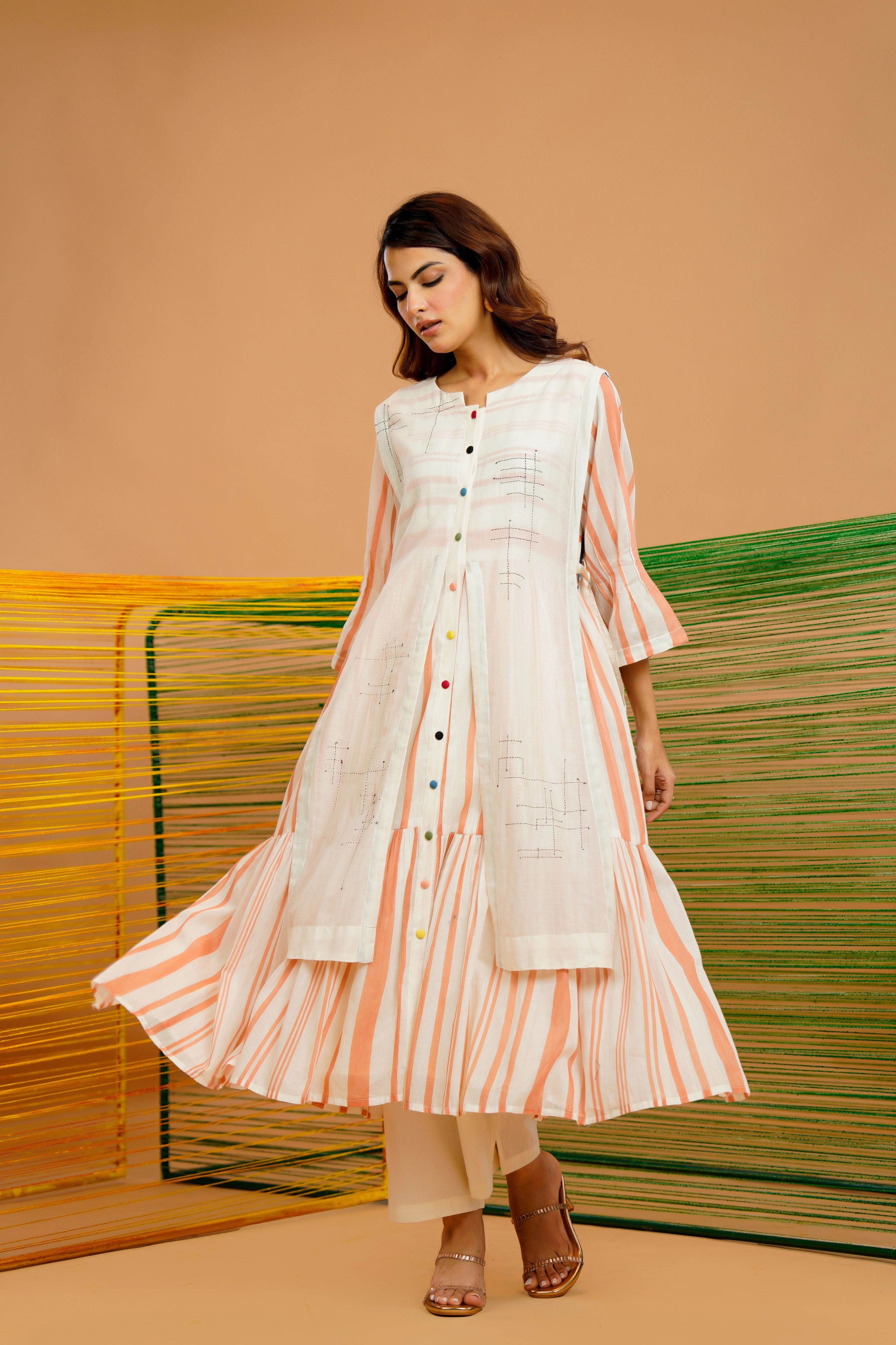 Rust-Stripe Printed Cotton Kurta Set - Image 4