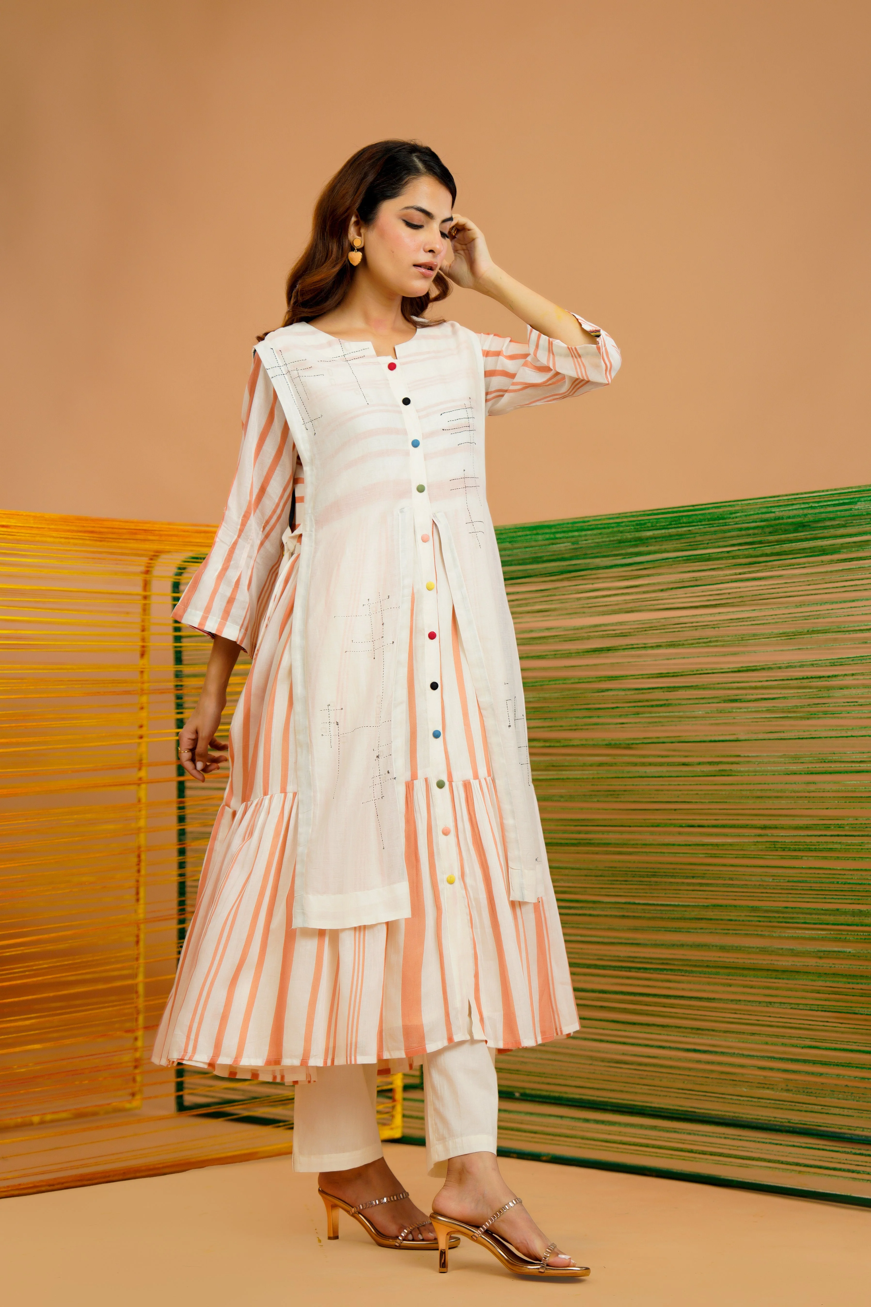 Rust-Stripe Printed Cotton Kurta Set - Image 5