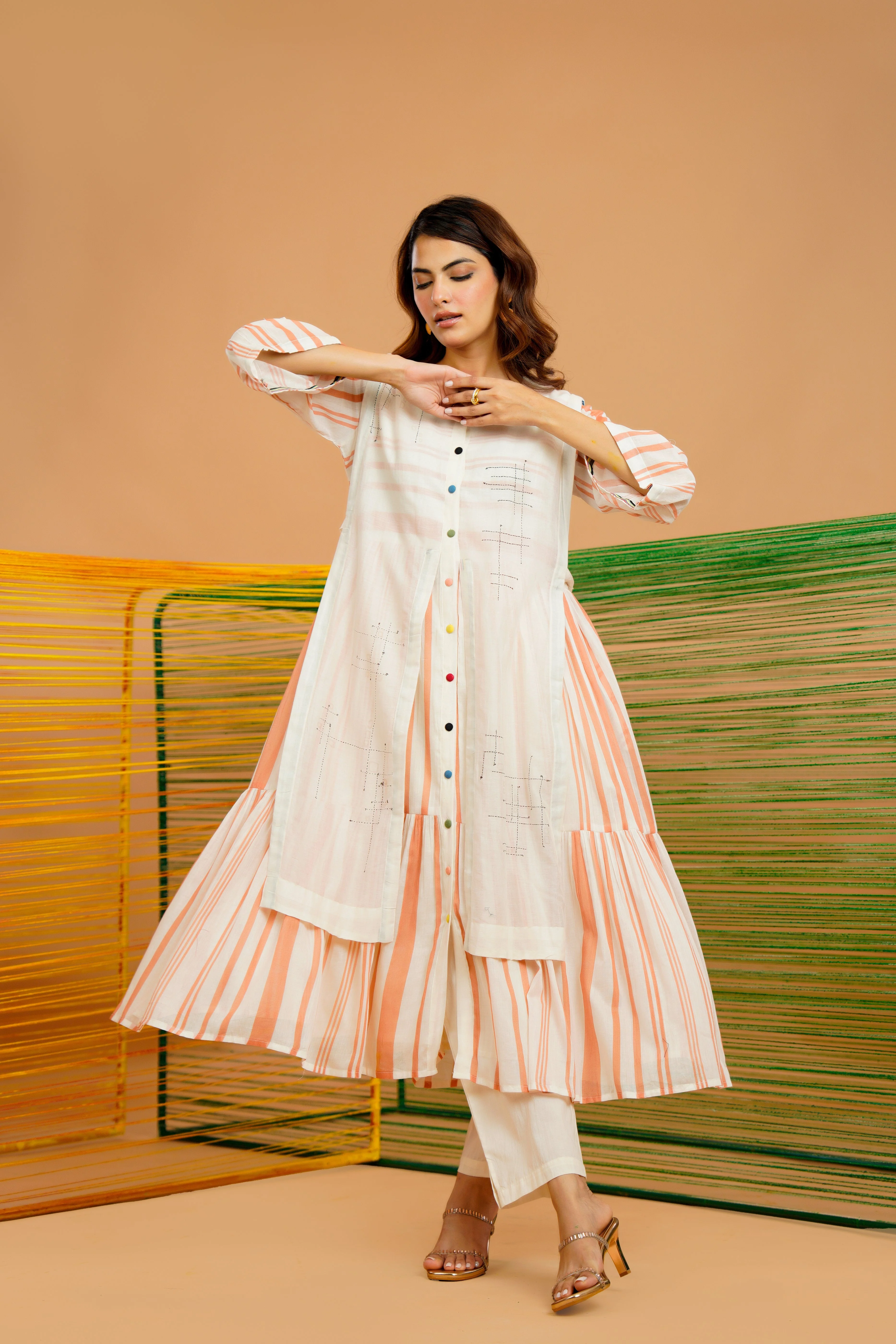 Rust-Stripe Printed Cotton Kurta Set - Image 6