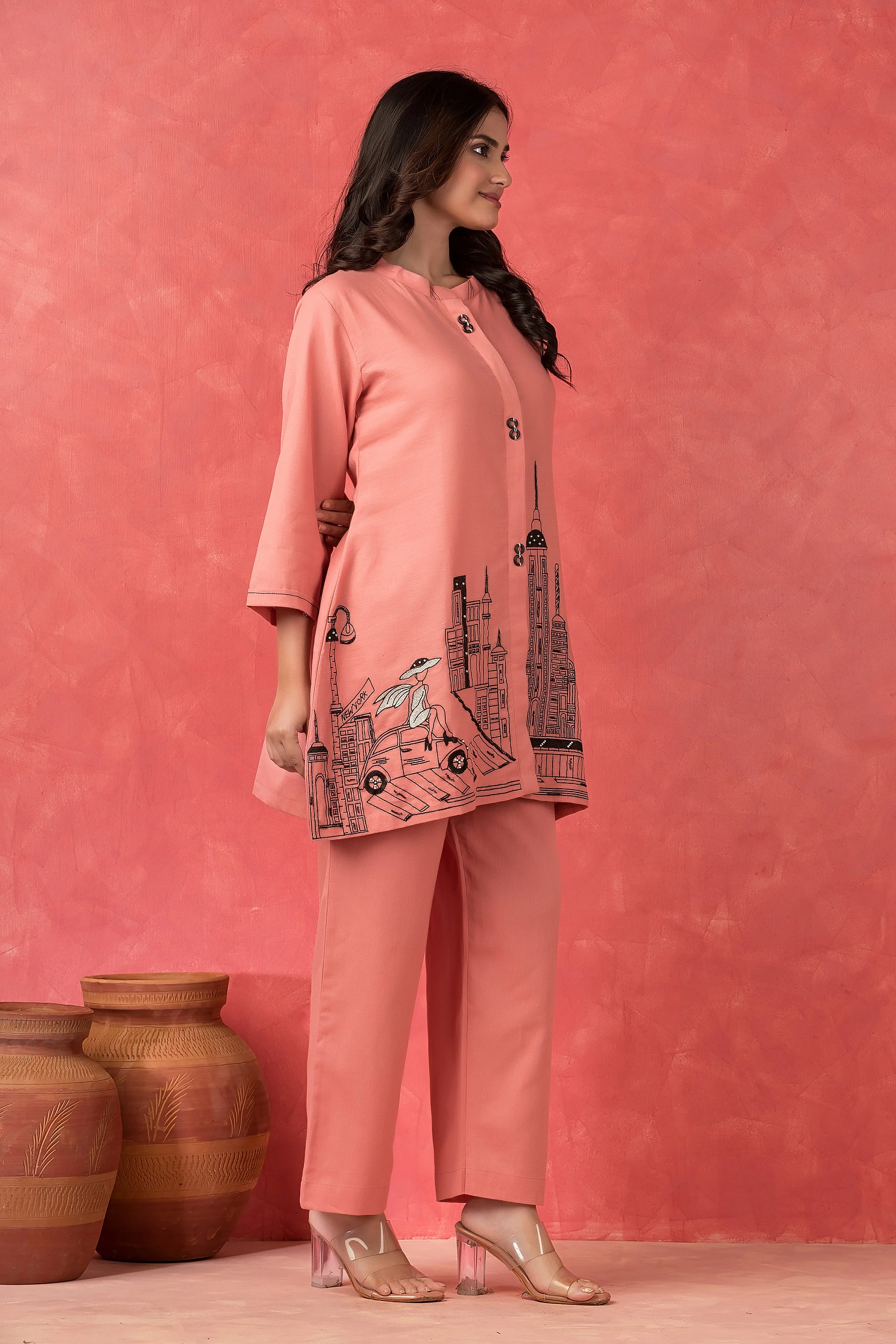 Peach Pink Printed Cotton Co-Ord Set - Image 2