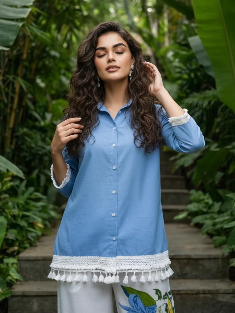 Sky Blue & White Tropical Printed Cotton Co-ord Set - Image 2