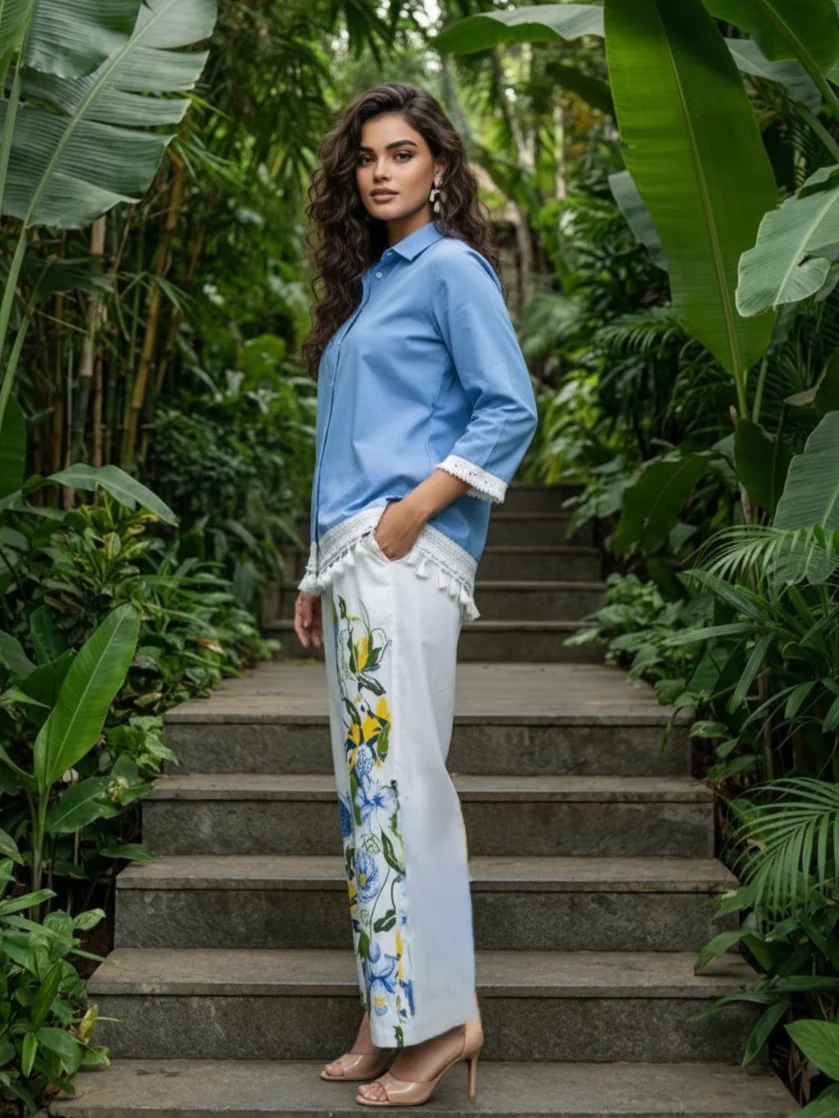 Sky Blue & White Tropical Printed Cotton Co-ord Set - Image 3