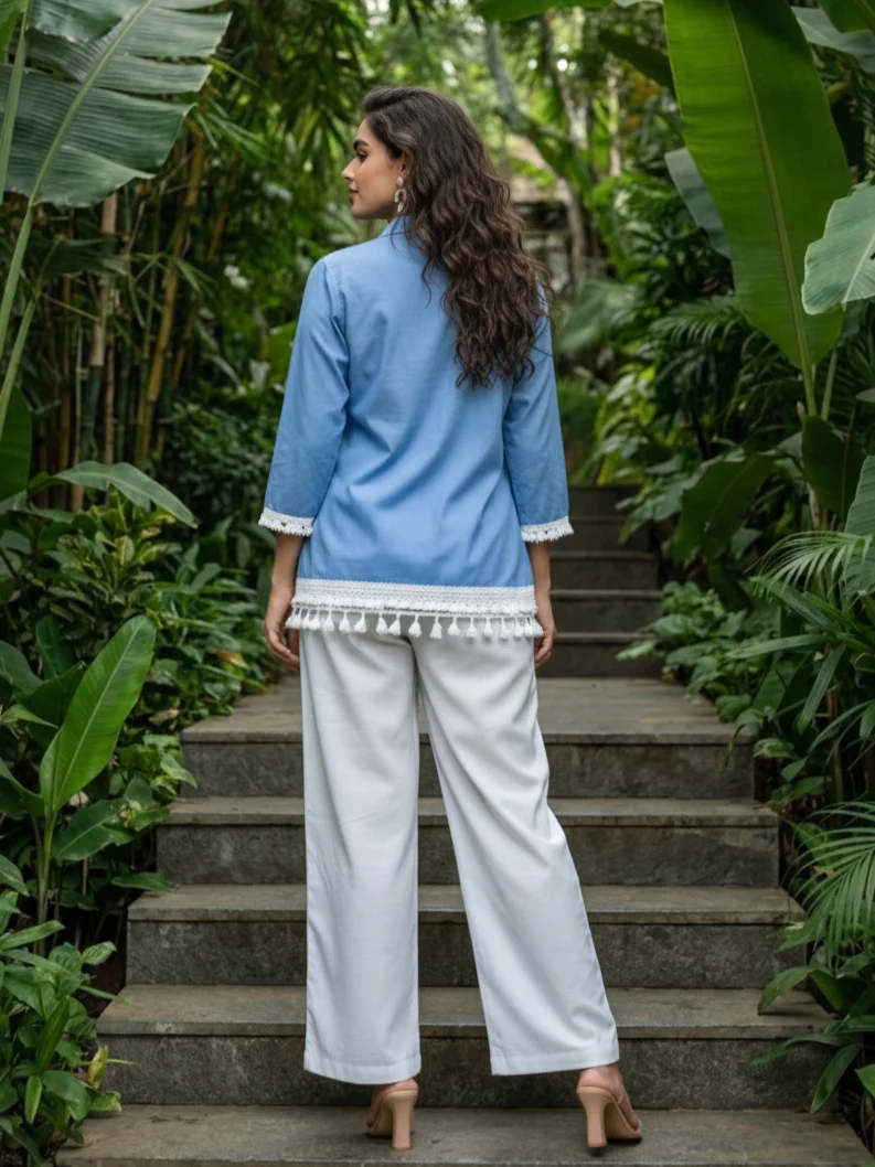 Sky Blue & White Tropical Printed Cotton Co-ord Set - Image 4