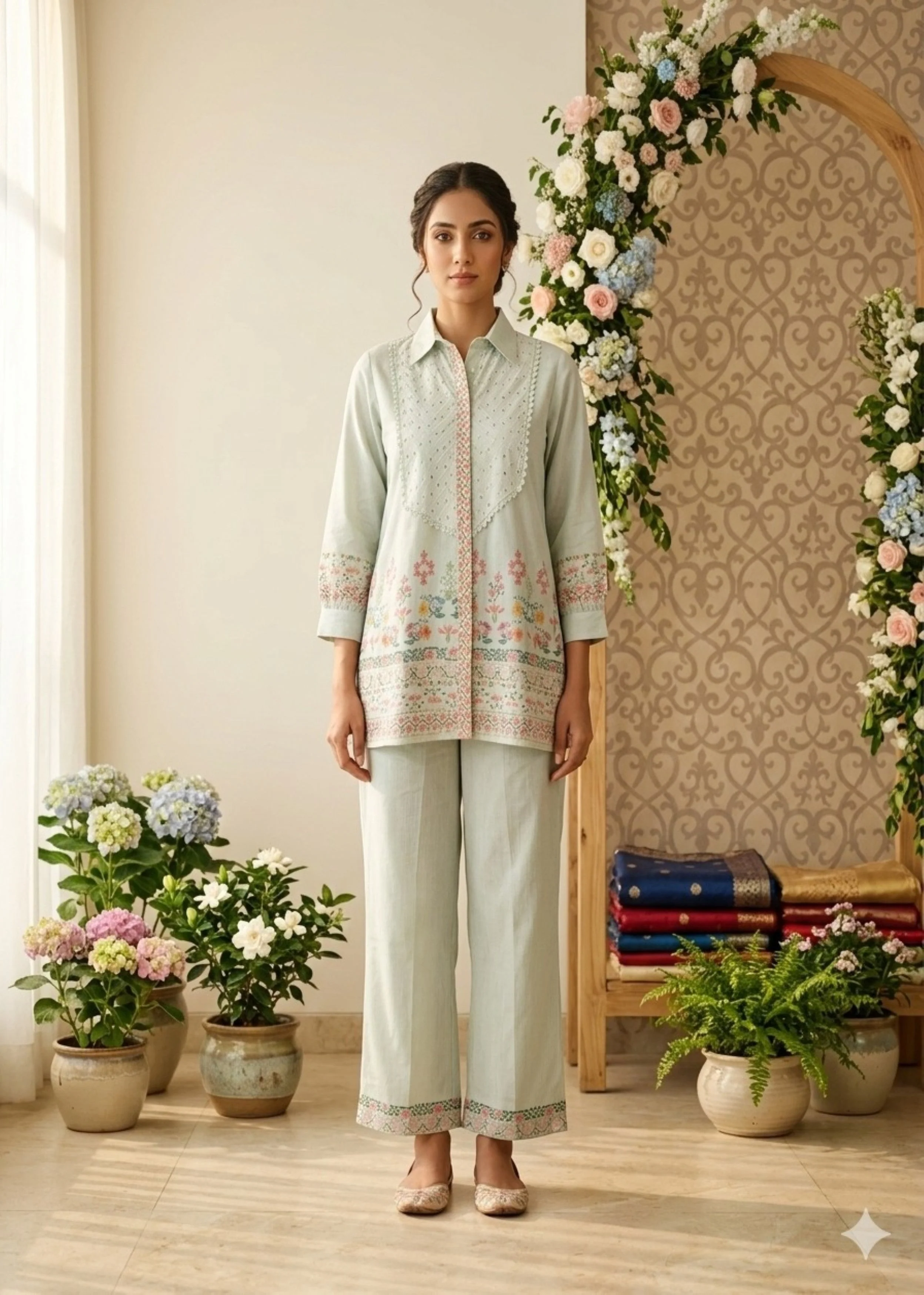 Pastel Mint Embroidered Cotton Co-ord Set