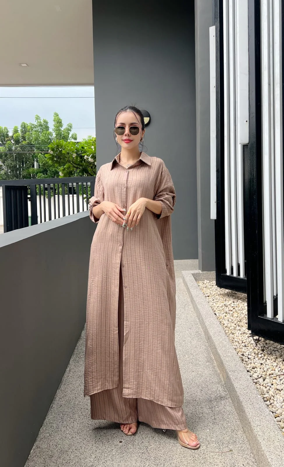 Taupe Beige Printed Cotton Longline Co-ord Set - Image 2