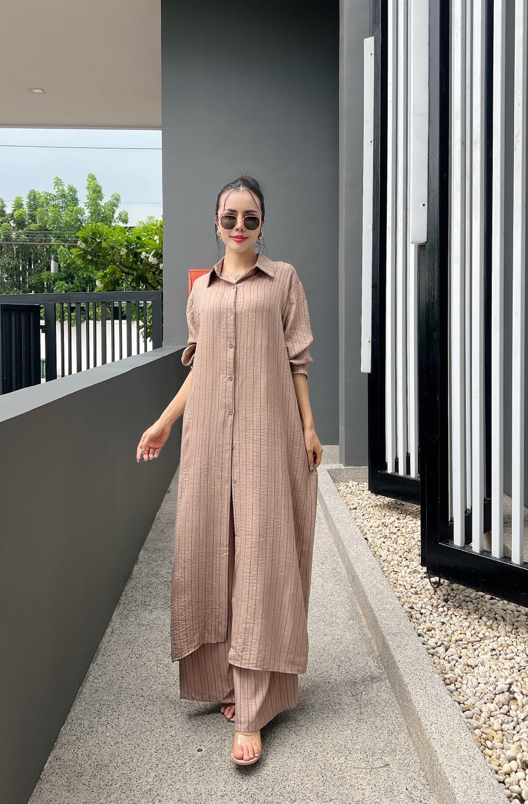 Taupe Beige Printed Cotton Longline Co-ord Set - Image 3