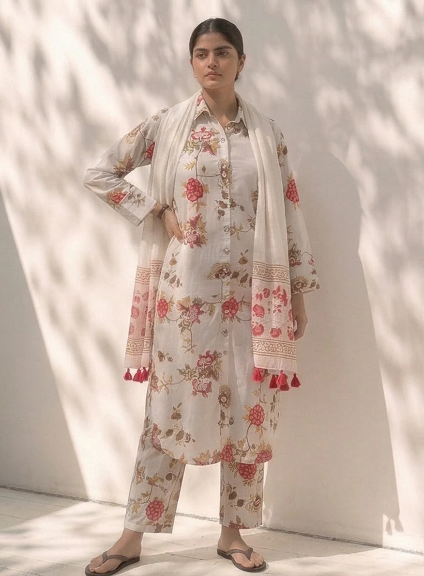 Ivory Flora Printed Cotton Pant Set
