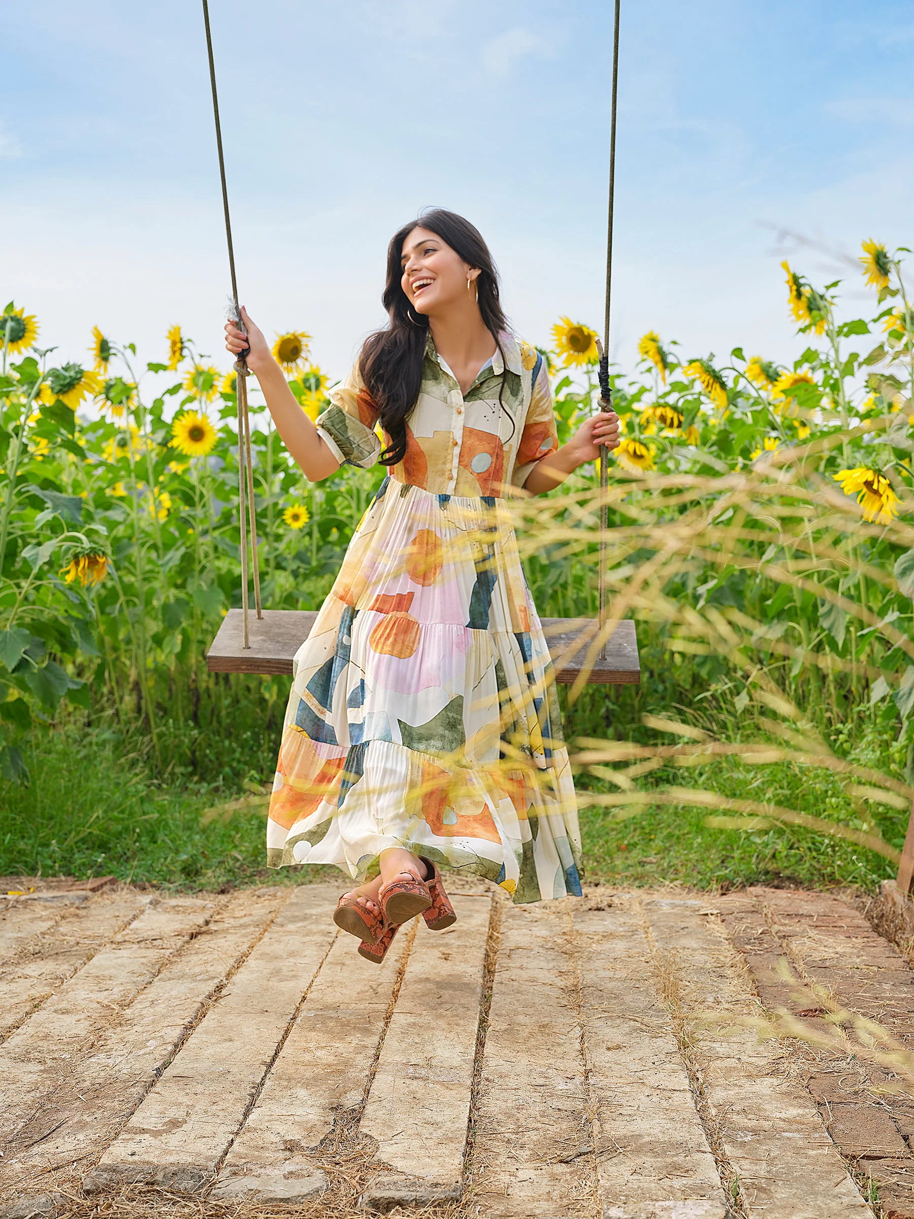 Multi-Color Abstract Print Crepe Silk Dress - Image 2