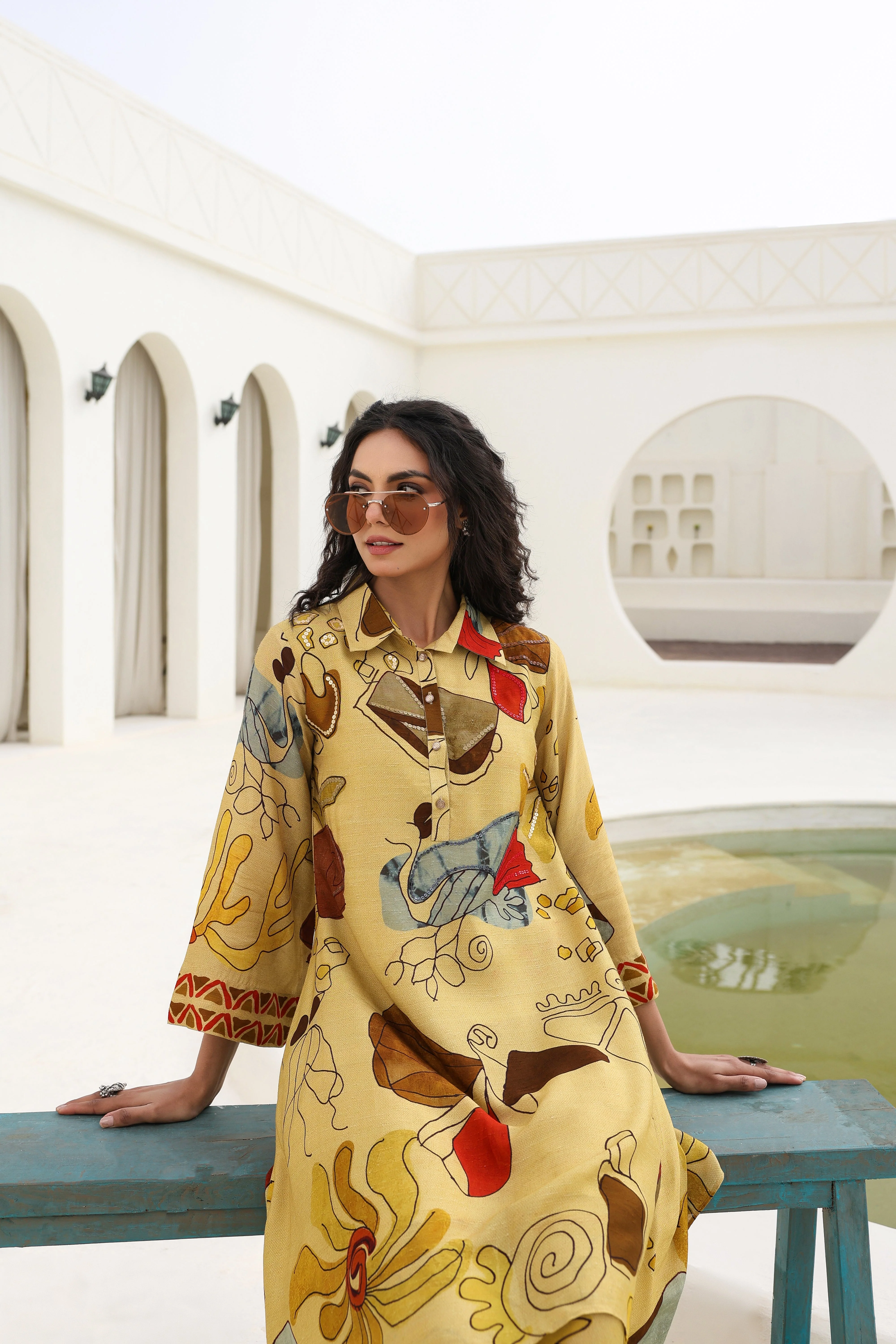 Mustard Abstract Printed Spanish Silk Kurta Pants Set - Image 2