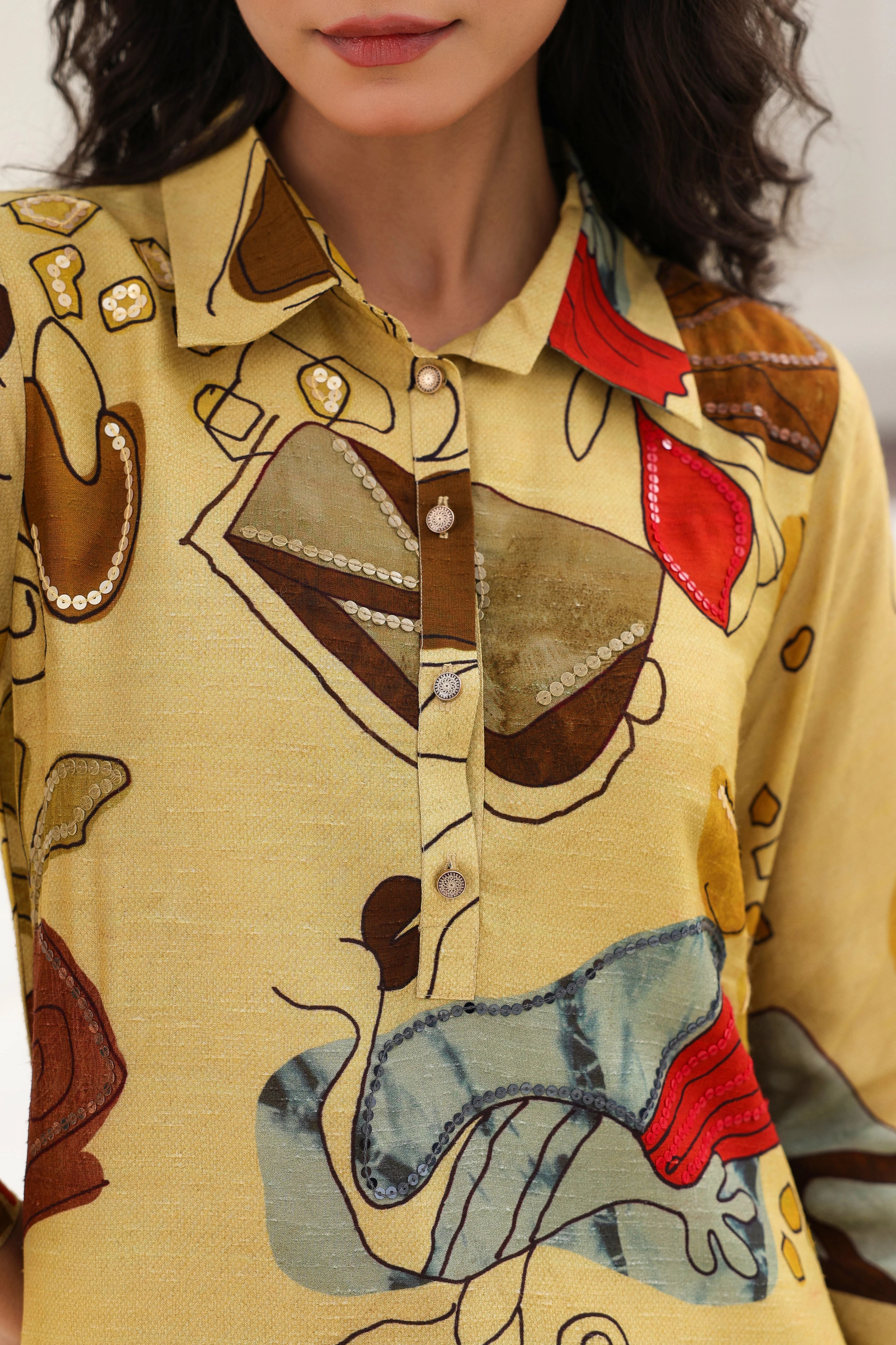 Mustard Abstract Printed Spanish Silk Kurta Pants Set - Image 3