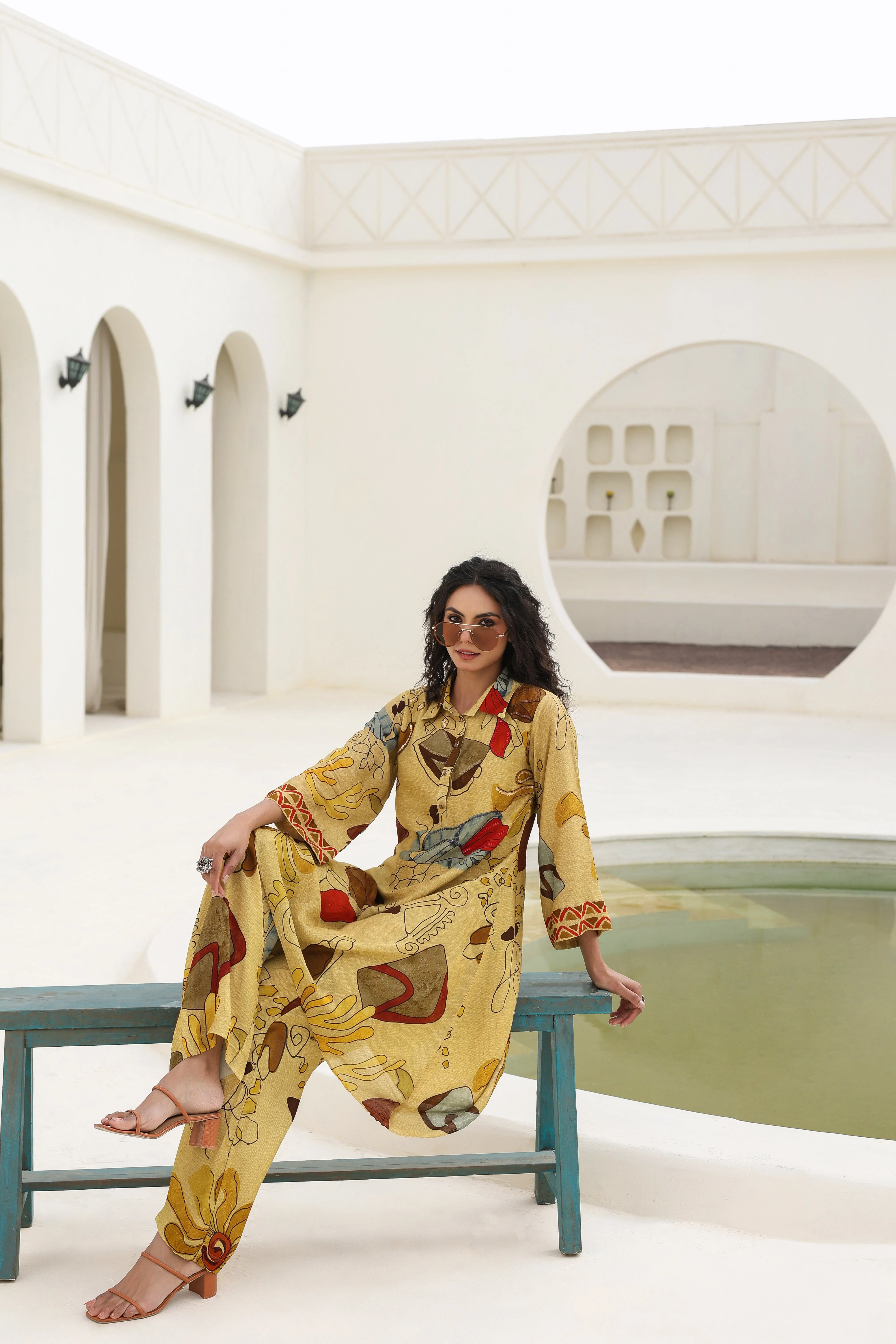 Mustard Abstract Printed Spanish Silk Kurta Pants Set - Image 4