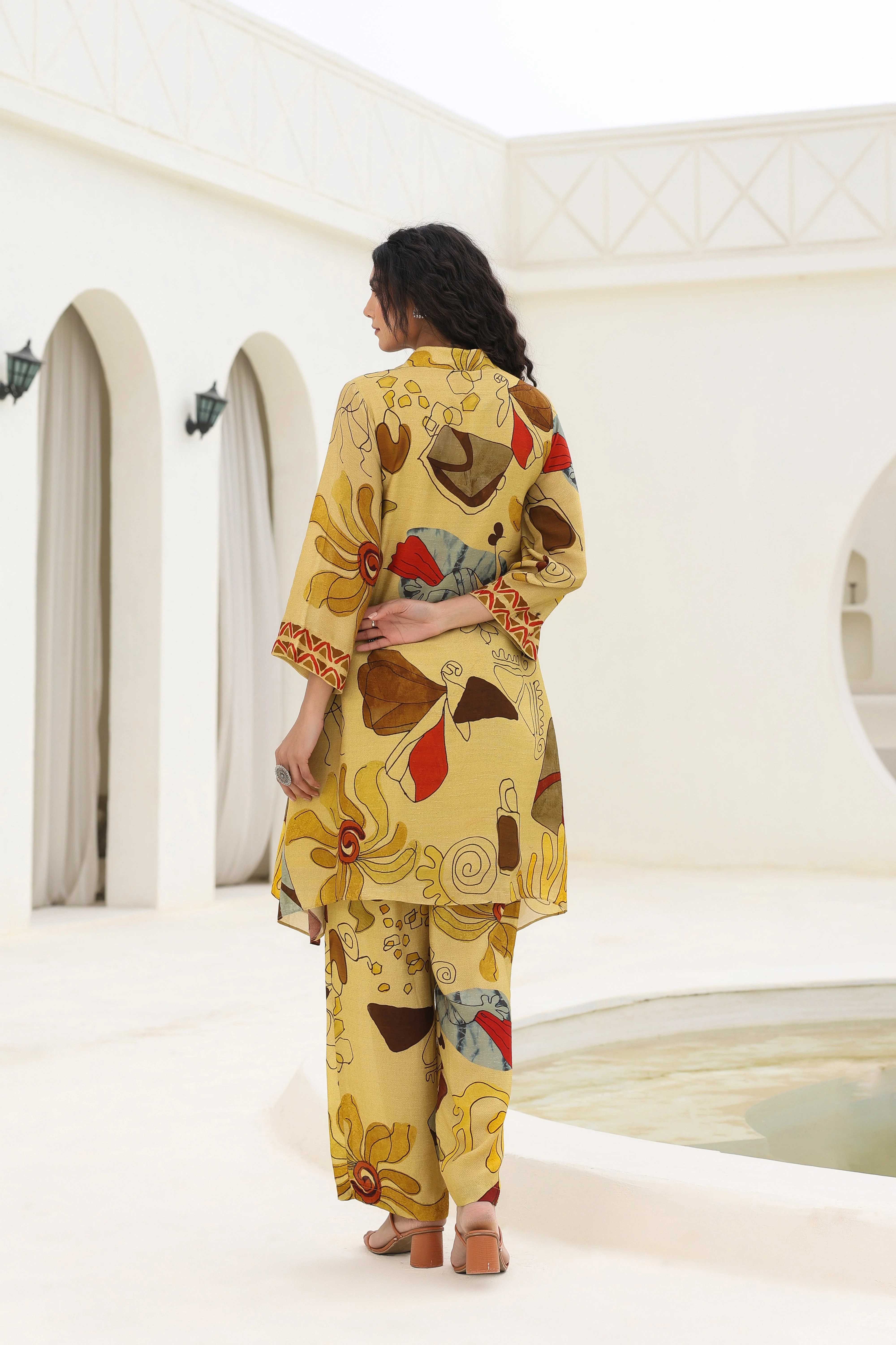 Mustard Abstract Printed Spanish Silk Kurta Pants Set - Image 5