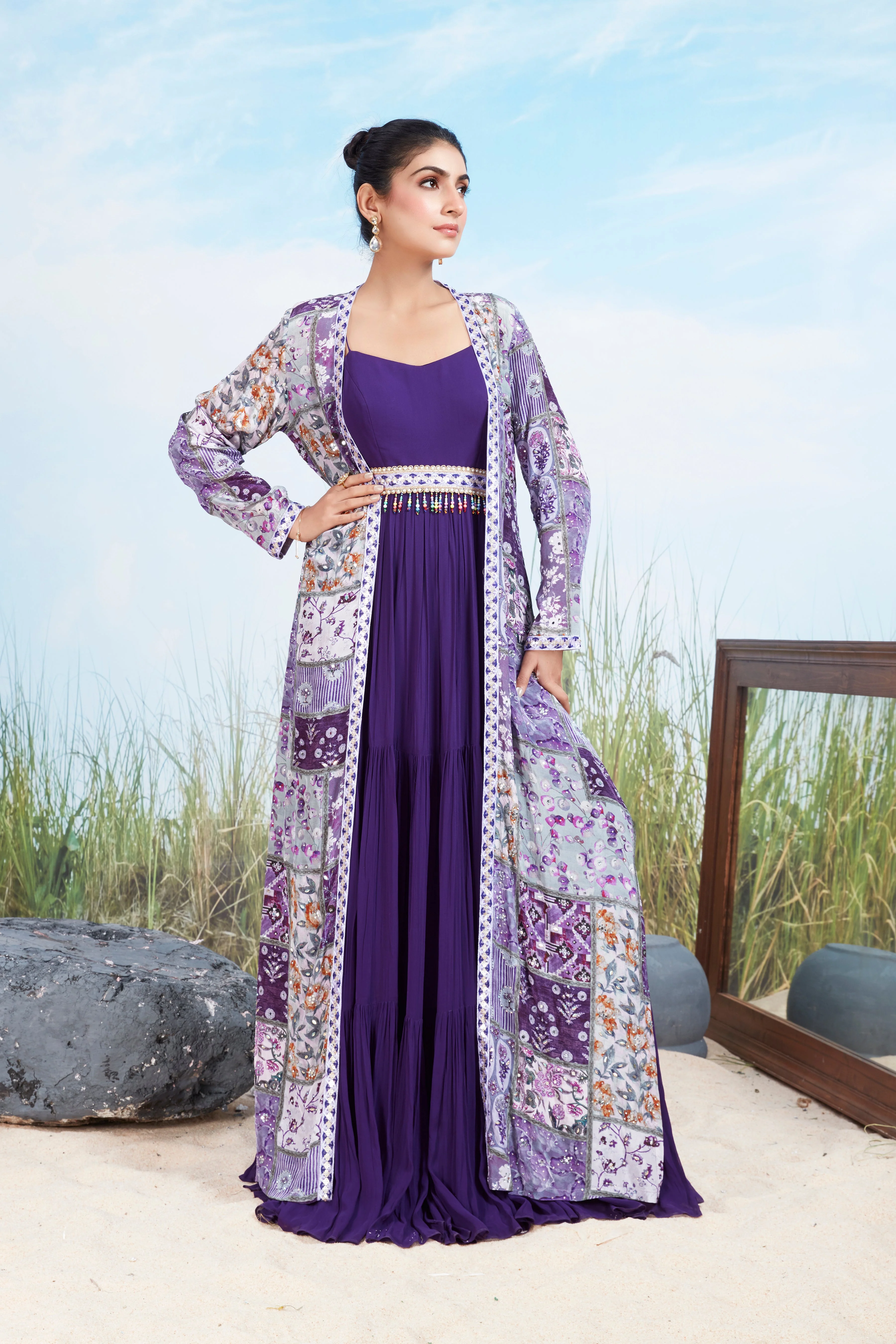 Plum Purple Printed Georgette Silk Gown Set - Image 2