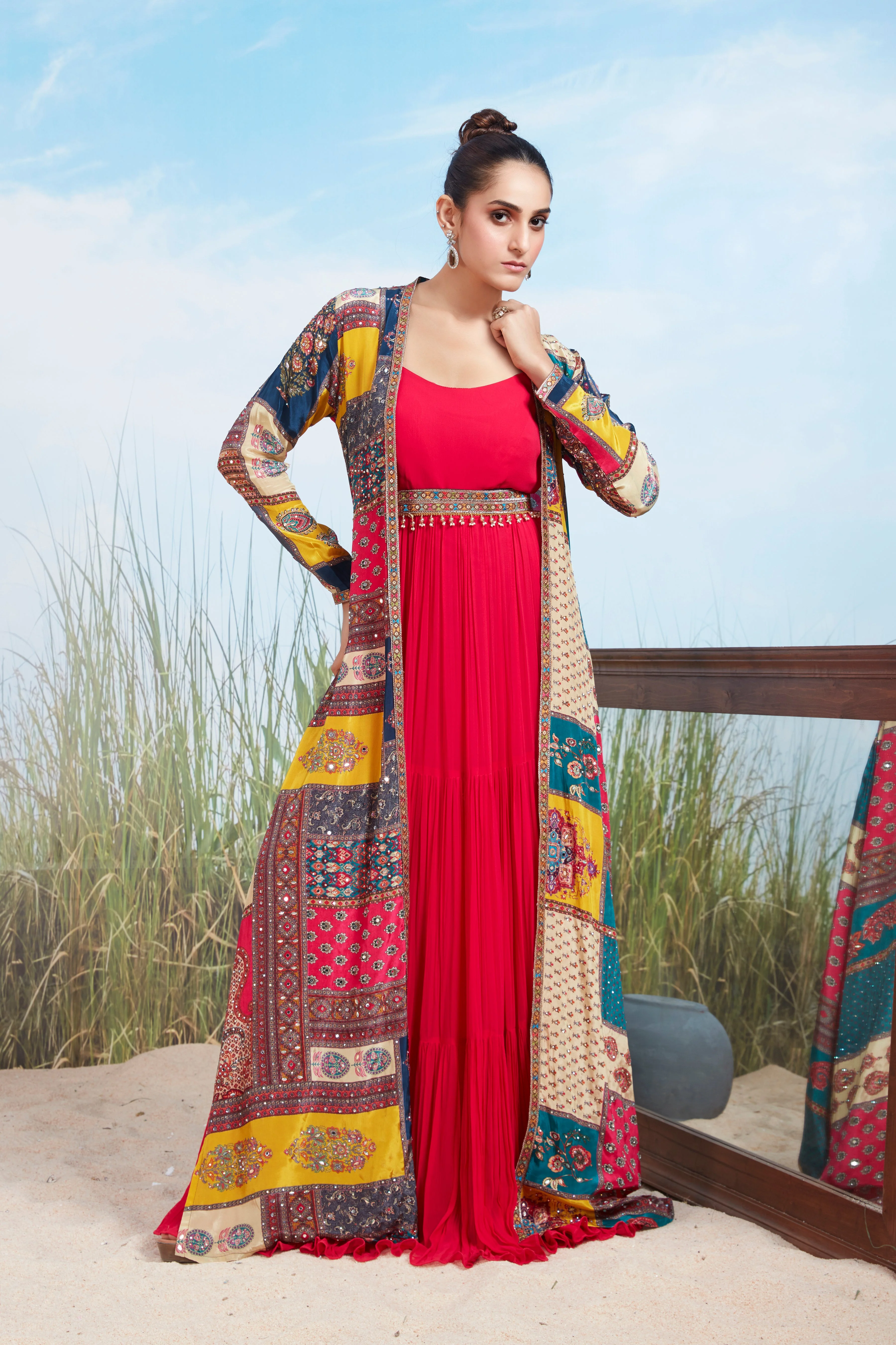 Crimson Red Printed Georgette Silk Gown Set - Image 2
