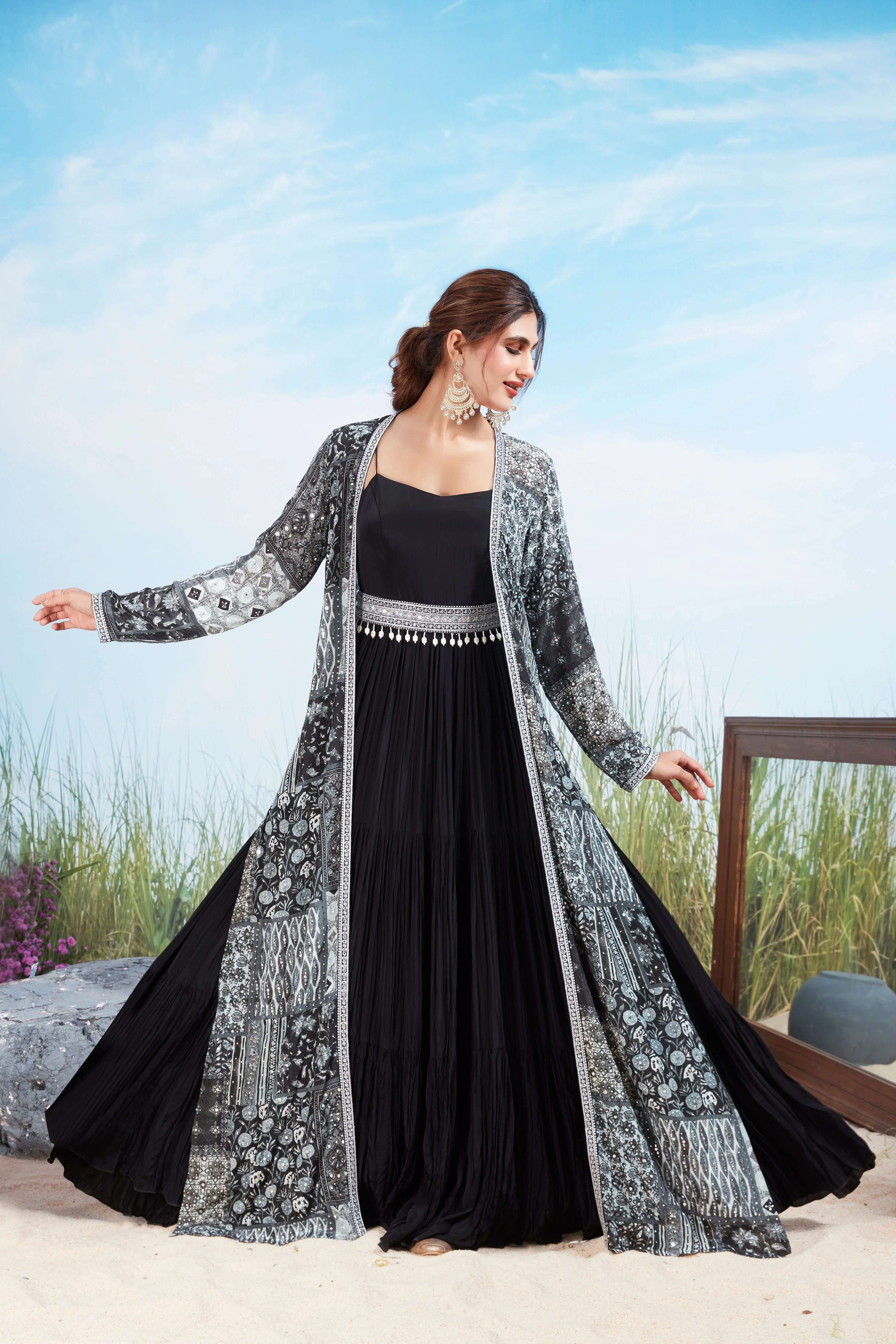 Coal Black Printed Georgette Silk Gown Set - Image 2