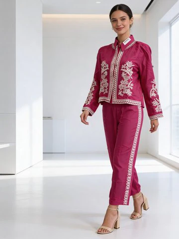 Pink Embroidered Premium Raw Silk Co-Ord Set - Image 2