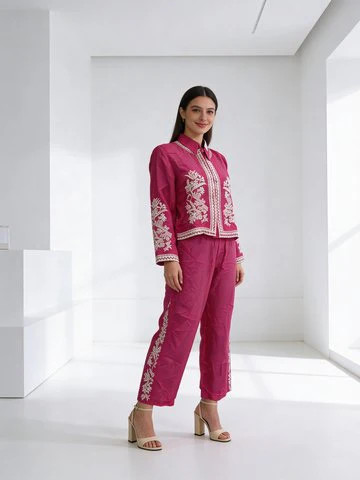 Pink Embroidered Premium Raw Silk Co-Ord Set - Image 3