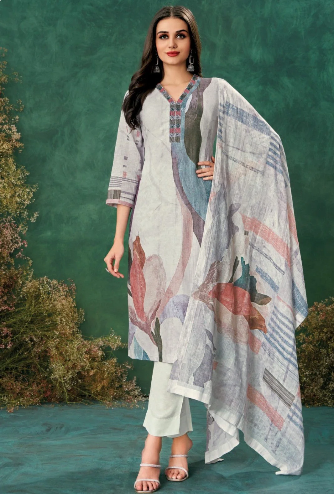 Rhino Grey Graphic Printed Linen Silk Pant Set